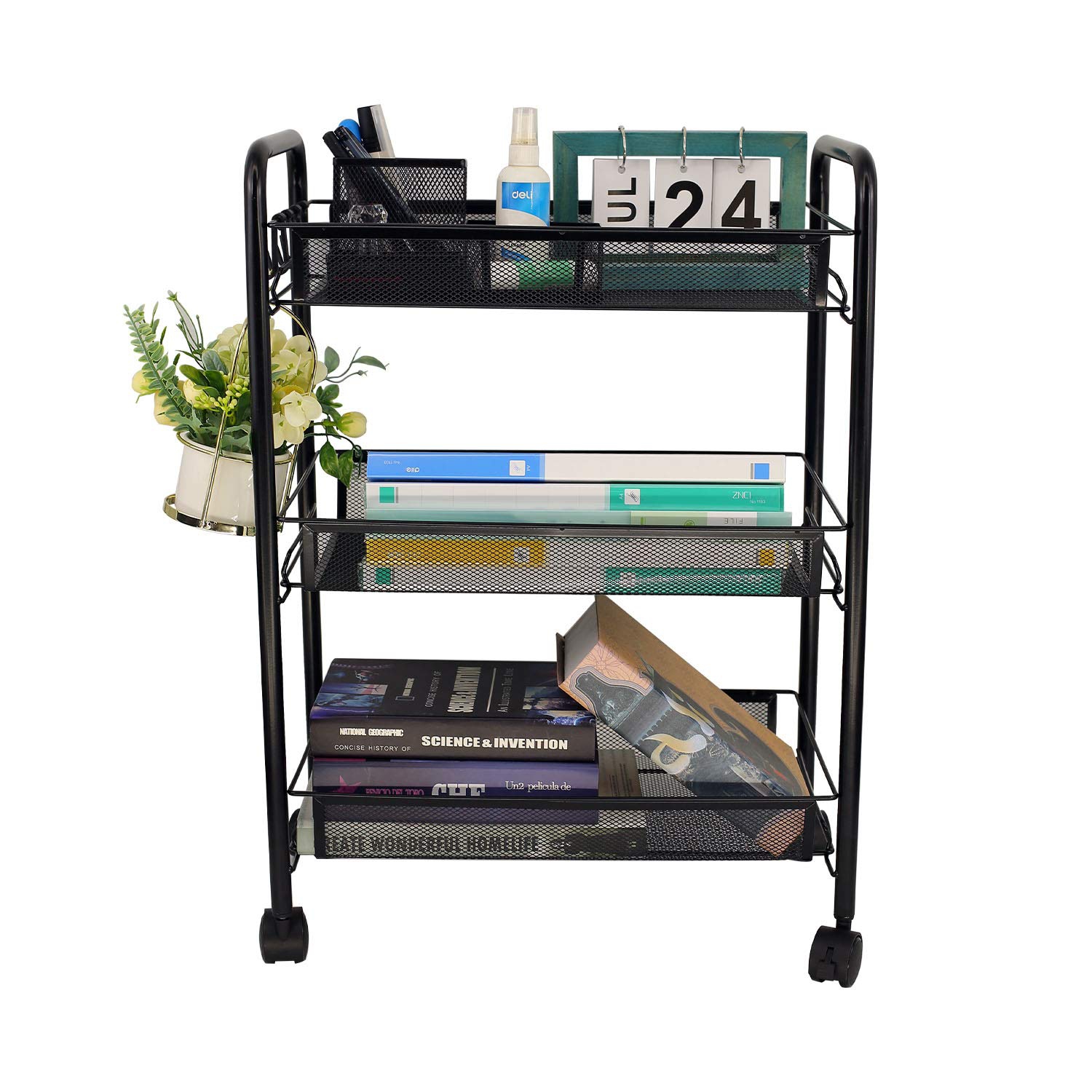 Mesh Wire Rolling Cart, 3 tier Kitchen Storage Utility Cart, Multifunction Basket Stand for Bathroom Office File Cart, Full Metal Storage Organizer