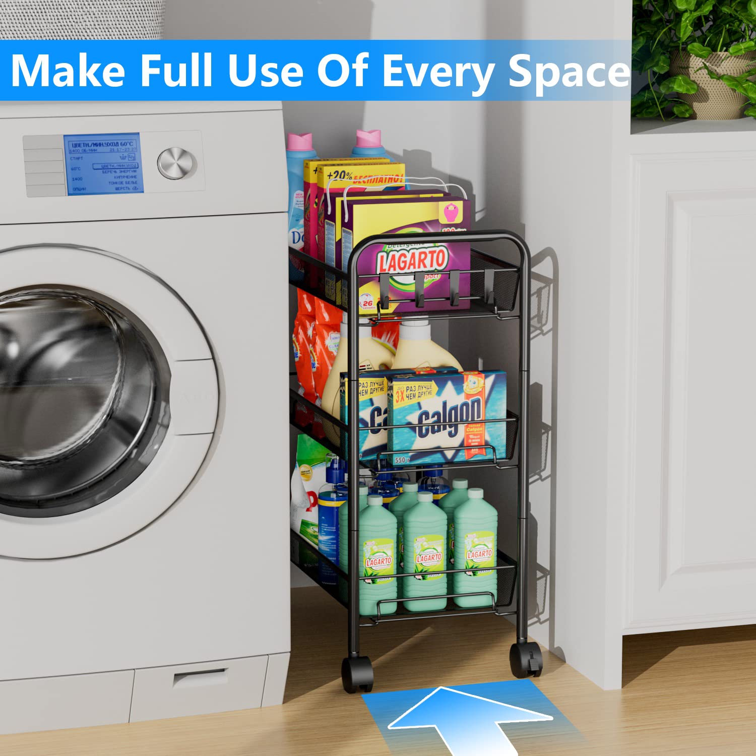 Mesh Wire Rolling Cart, 3 tier Kitchen Storage Utility Cart, Multifunction Basket Stand for Bathroom Office File Cart, Full Metal Storage Organizer