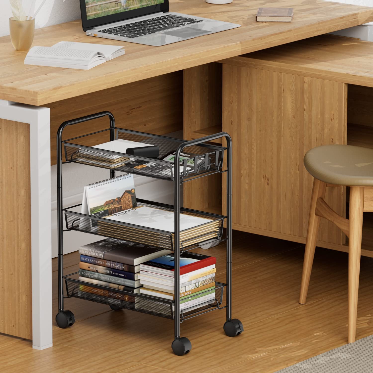 Mesh Wire Rolling Cart, 3 tier Kitchen Storage Utility Cart, Multifunction Basket Stand for Bathroom Office File Cart, Full Metal Storage Organizer