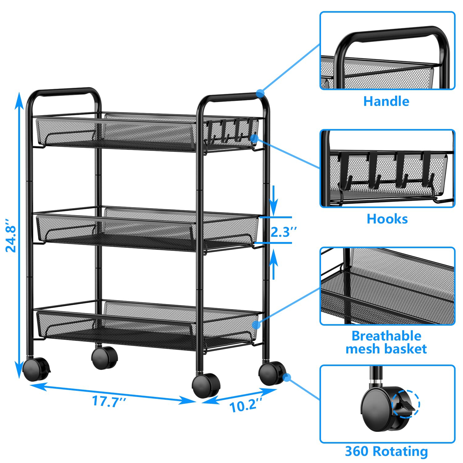 Mesh Wire Rolling Cart, 3 tier Kitchen Storage Utility Cart, Multifunction Basket Stand for Bathroom Office File Cart, Full Metal Storage Organizer