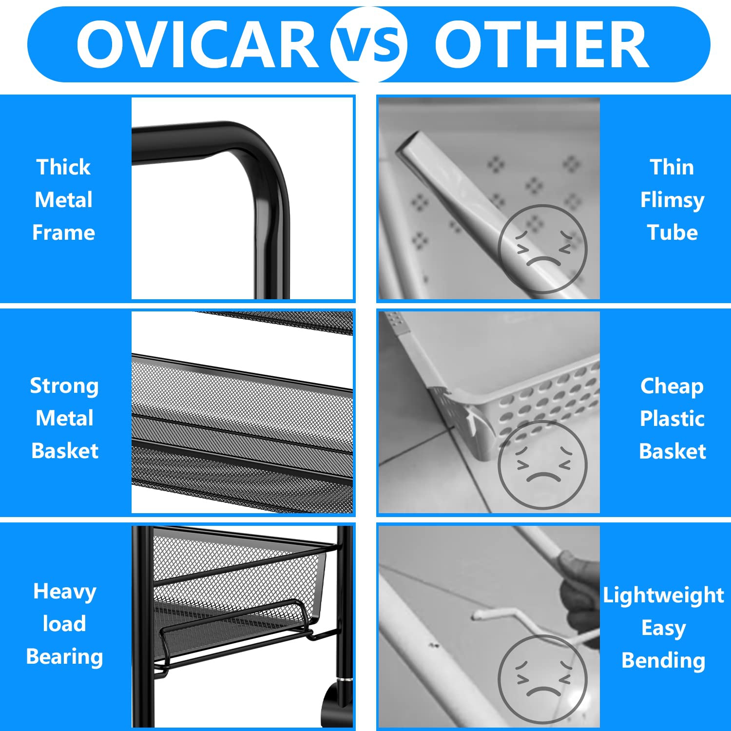 Mesh Wire Rolling Cart, 3 tier Kitchen Storage Utility Cart, Multifunction Basket Stand for Bathroom Office File Cart, Full Metal Storage Organizer