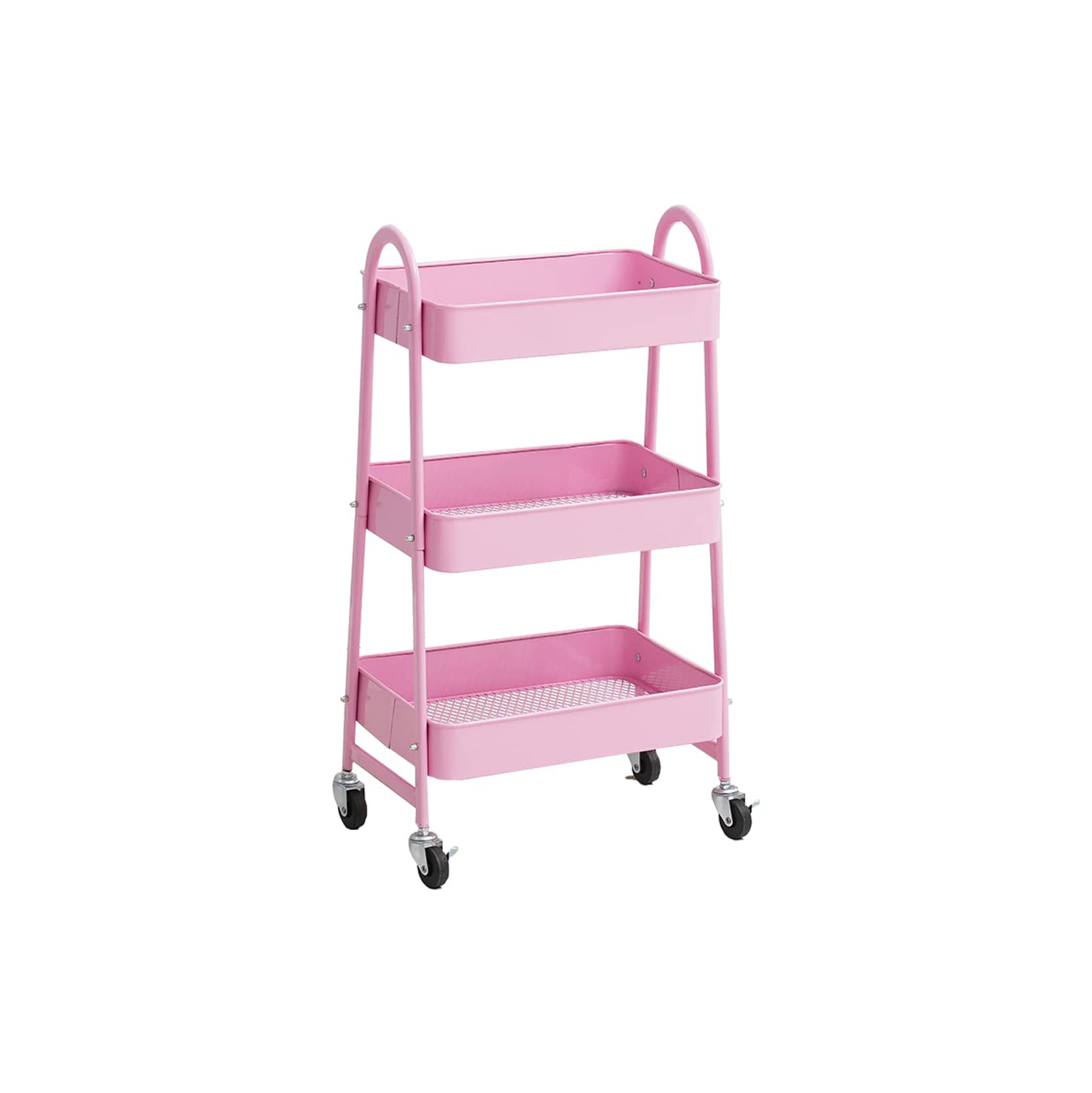 Pink Color Storage cart,3 Tier Metal Rolling Cart, Utility Cart, Lockable Four Wheels, Multi-Functional Storage Cart for Kitchen, Bathroom, Workshop, Laundry