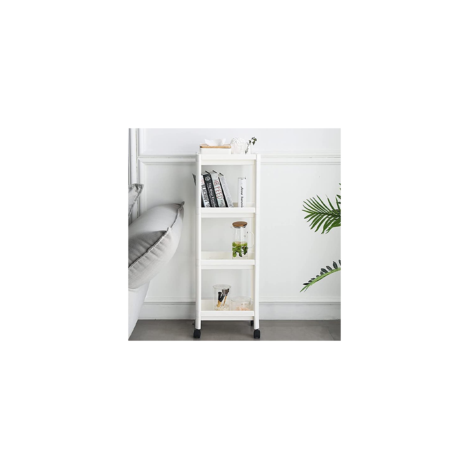 4 Tier Utility Rolling Cart, Plastic Rolling Storage Cart with Handle and Locking Wheels, Multifunction Storage Trolley for Kitchen, Bathroom,