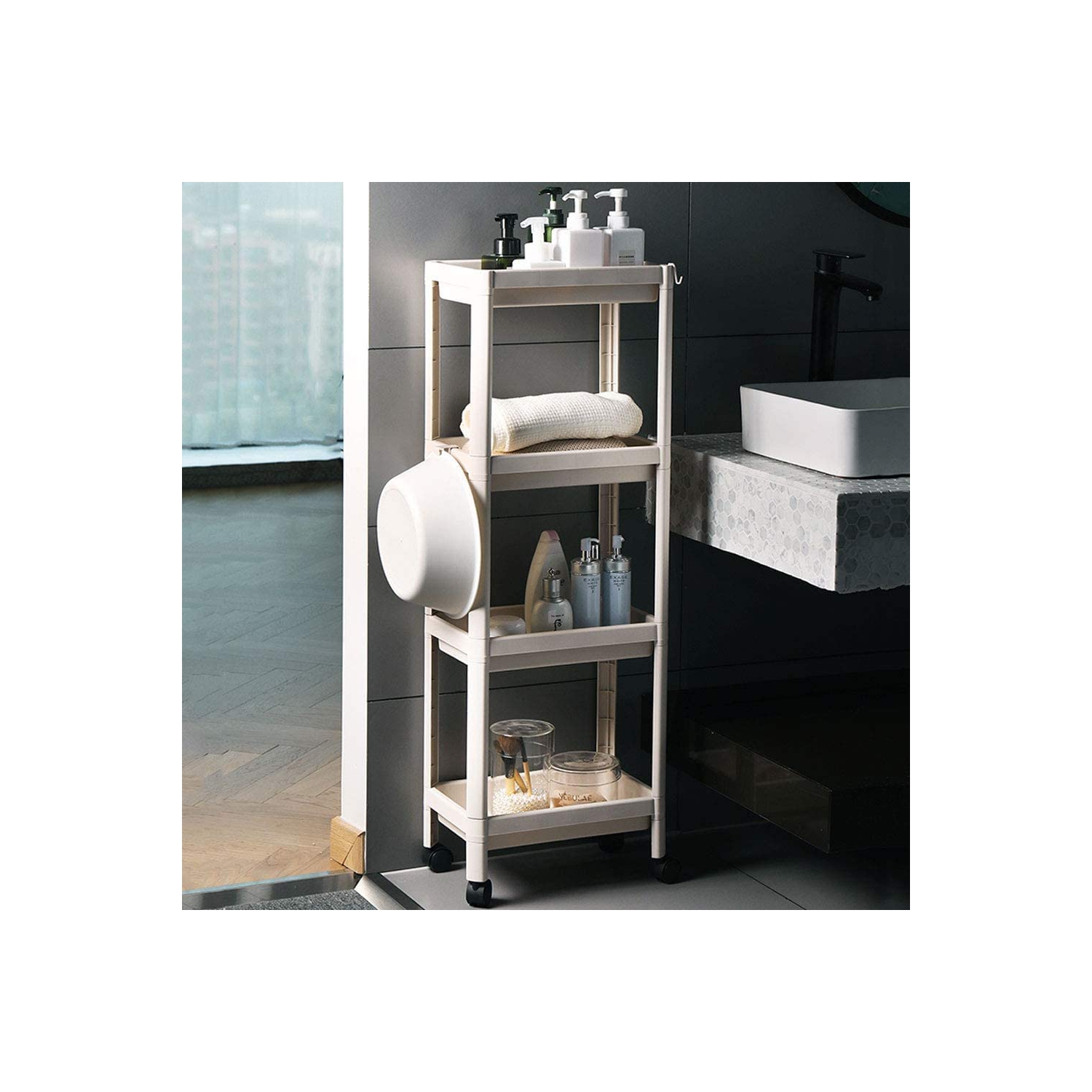 4 Tier Utility Rolling Cart, Plastic Rolling Storage Cart with Handle and Locking Wheels, Multifunction Storage Trolley for Kitchen, Bathroom,