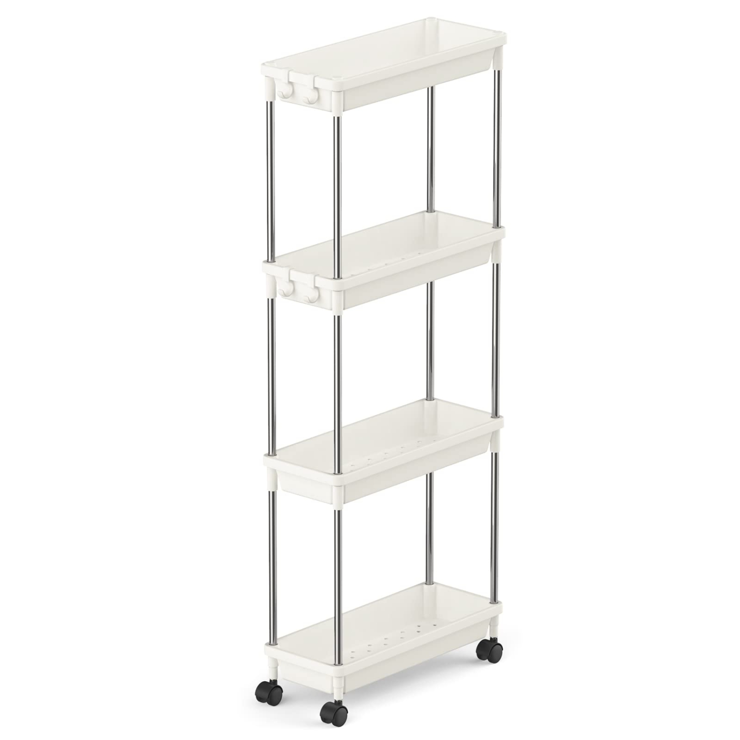 Slim Storage Rolling Cart, 4Tier Slide-Out Trolley Utility Rack Shelf Organizer with Wheels for Bathroom Kitchen Laundryroom Bedroom Narrow Space