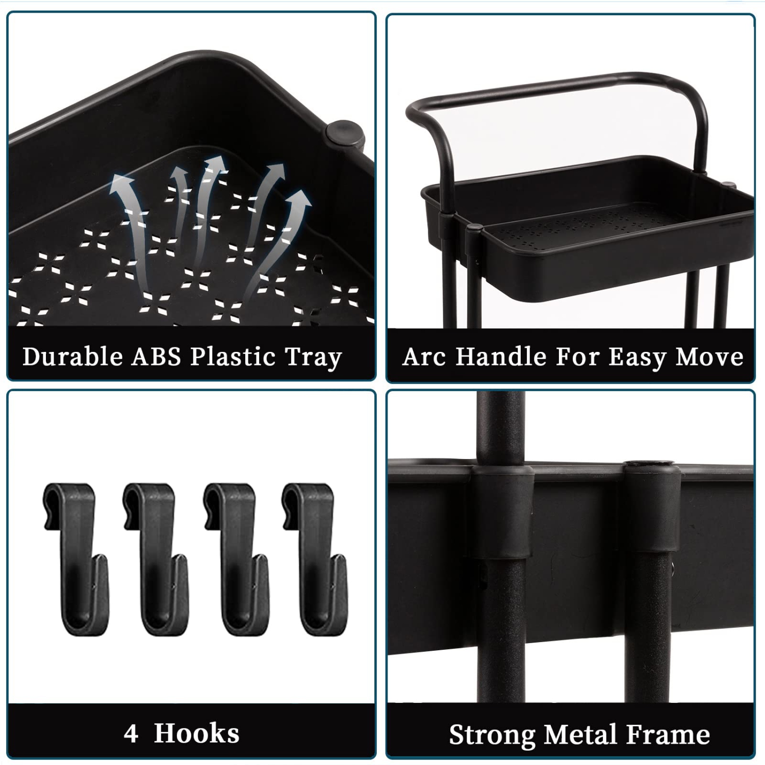 Chariot utilitaire roulant à 3 niveaux, chariot à bar avec crochets et poignées tablettes de rangement Chariot de service pour cuisine, salle de