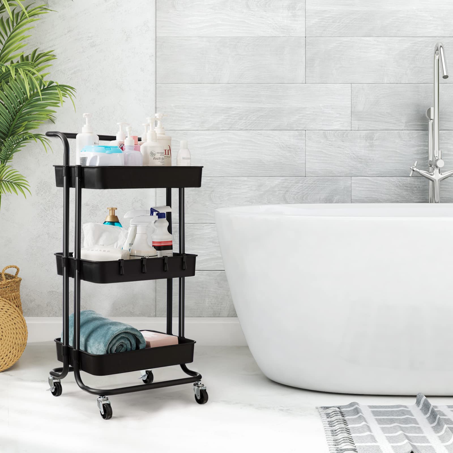 Chariot utilitaire roulant à 3 niveaux, chariot à bar avec crochets et poignées tablettes de rangement Chariot de service pour cuisine, salle de