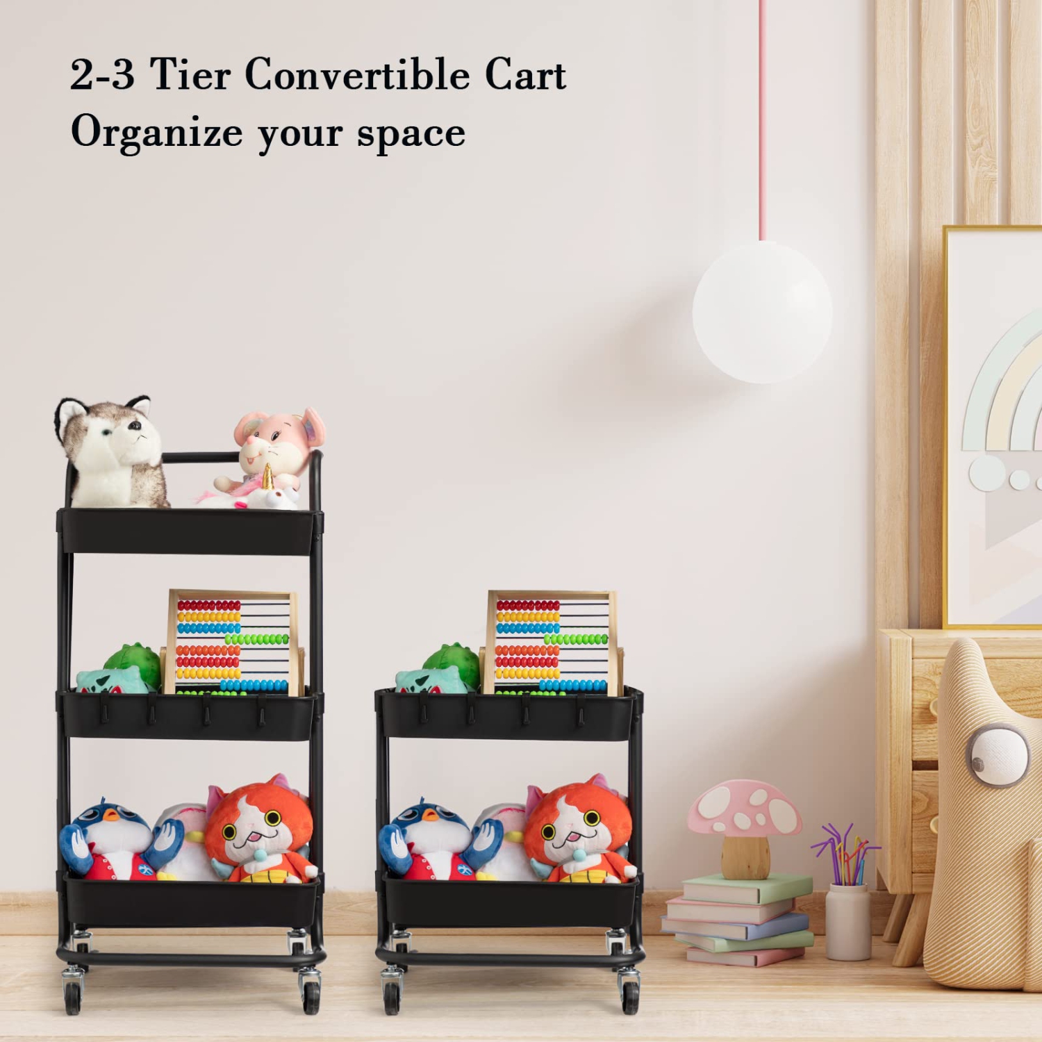 Chariot utilitaire roulant à 3 niveaux, chariot à bar avec crochets et poignées tablettes de rangement Chariot de service pour cuisine, salle de