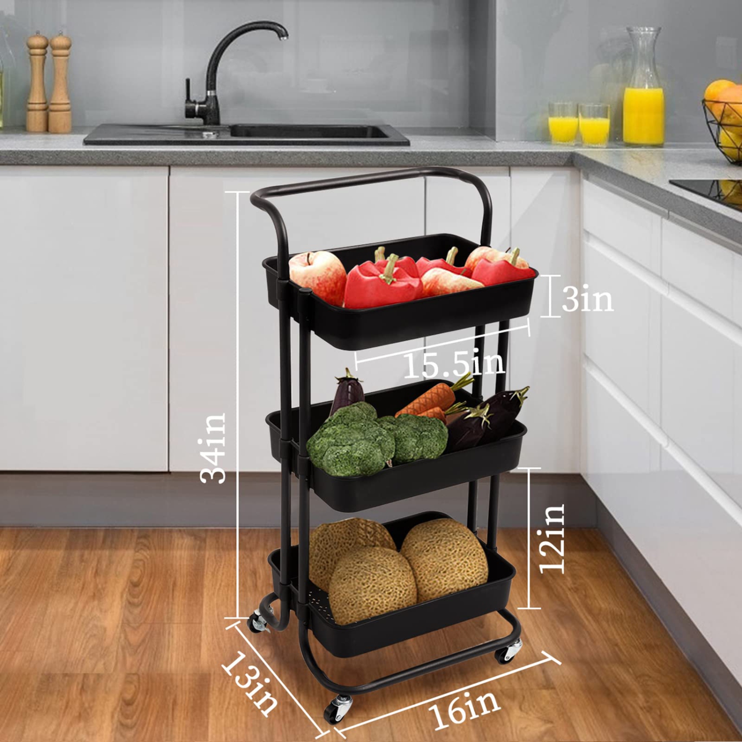 Chariot utilitaire roulant à 3 niveaux, chariot à bar avec crochets et poignées tablettes de rangement Chariot de service pour cuisine, salle de