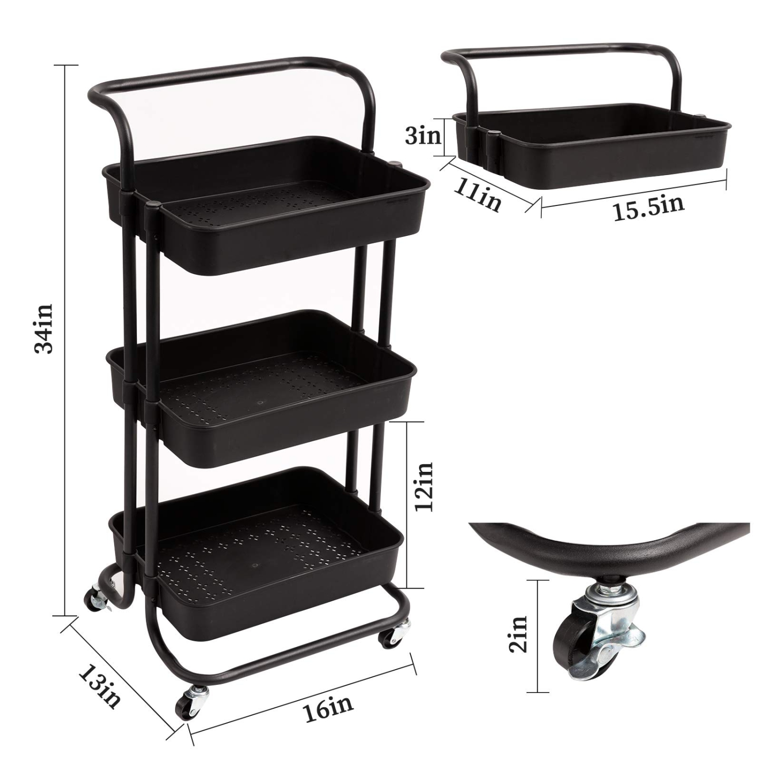 Chariot utilitaire roulant à 3 niveaux, chariot à bar avec crochets et poignées tablettes de rangement Chariot de service pour cuisine, salle de