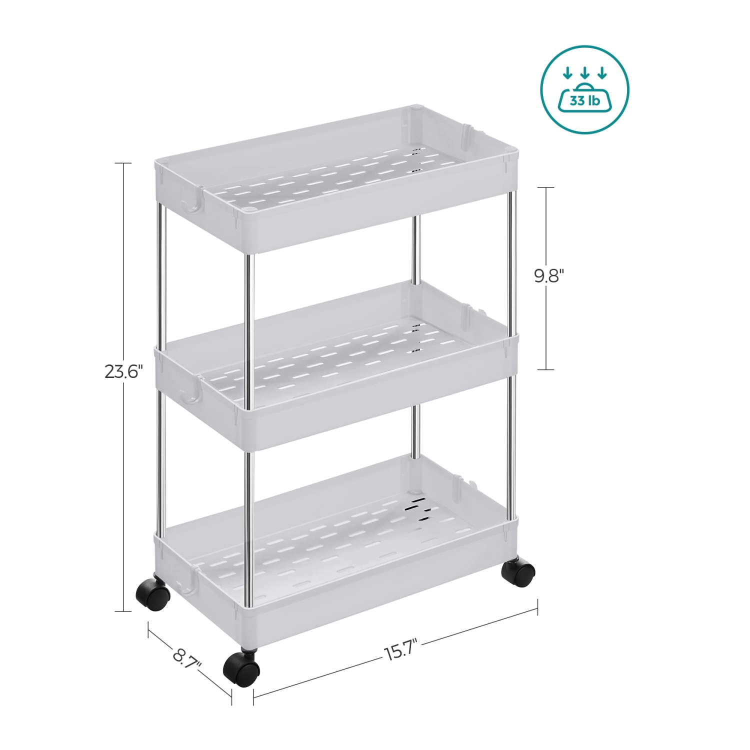 Chariot roulant à 3 niveaux, étagère de rangement avec roulettes, 15.7 x 8.7 x 23.6 po, blanc UKSC009W01