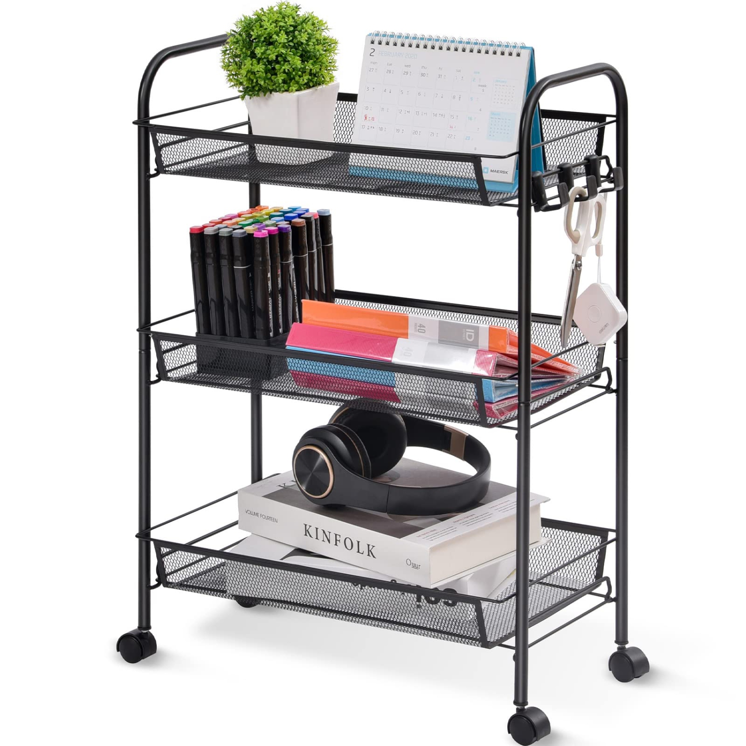 3-Tier Rolling Cart,Easy Assemble Mobile Storage Trolley On Wheels,Slide Out Utility Cart Shelving Units Kitchen Bathroom Laundry Room Pink