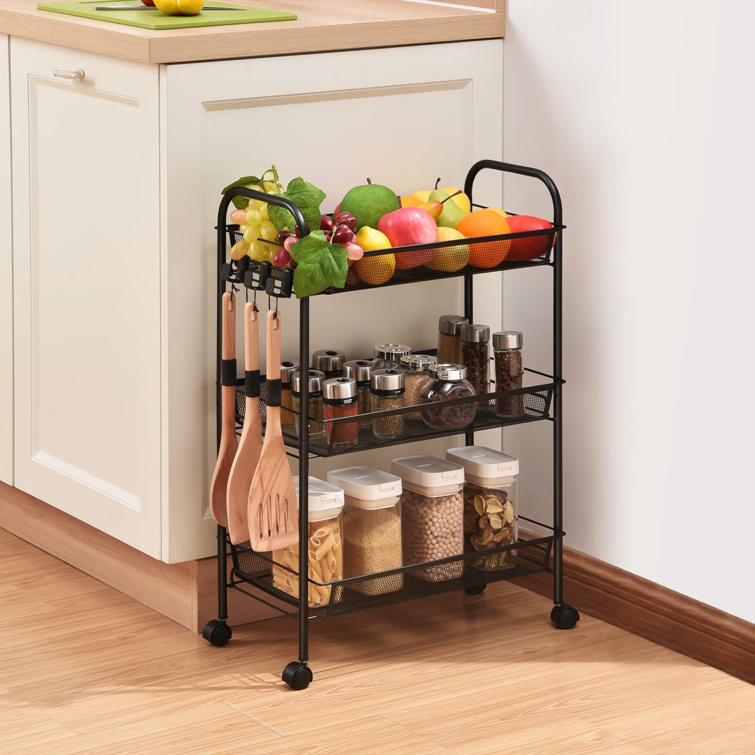 3-Tier Rolling Cart,Easy Assemble Mobile Storage Trolley On Wheels,Slide Out Utility Cart Shelving Units Kitchen Bathroom Laundry Room Pink