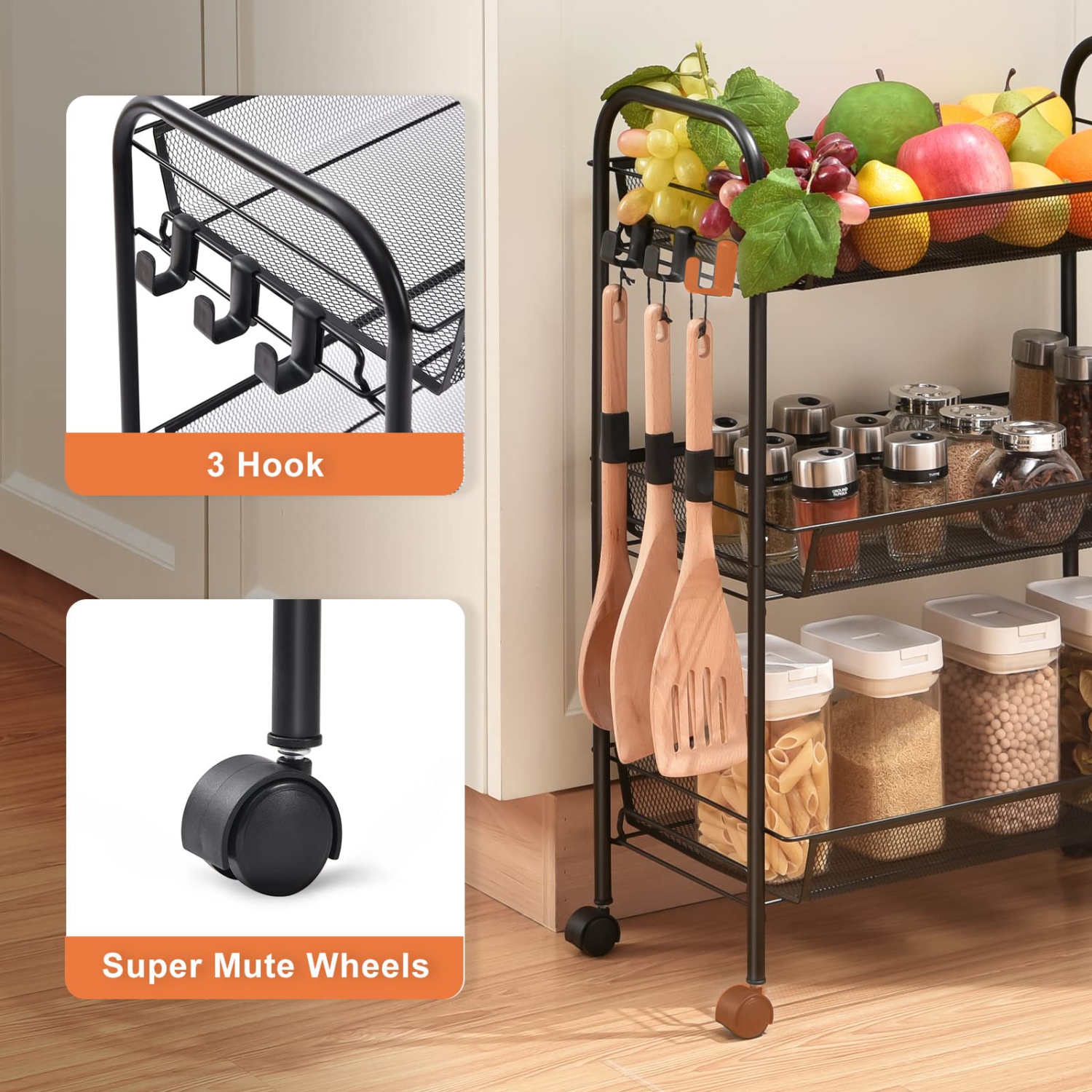 3-Tier Rolling Cart,Easy Assemble Mobile Storage Trolley On Wheels,Slide Out Utility Cart Shelving Units Kitchen Bathroom Laundry Room Pink