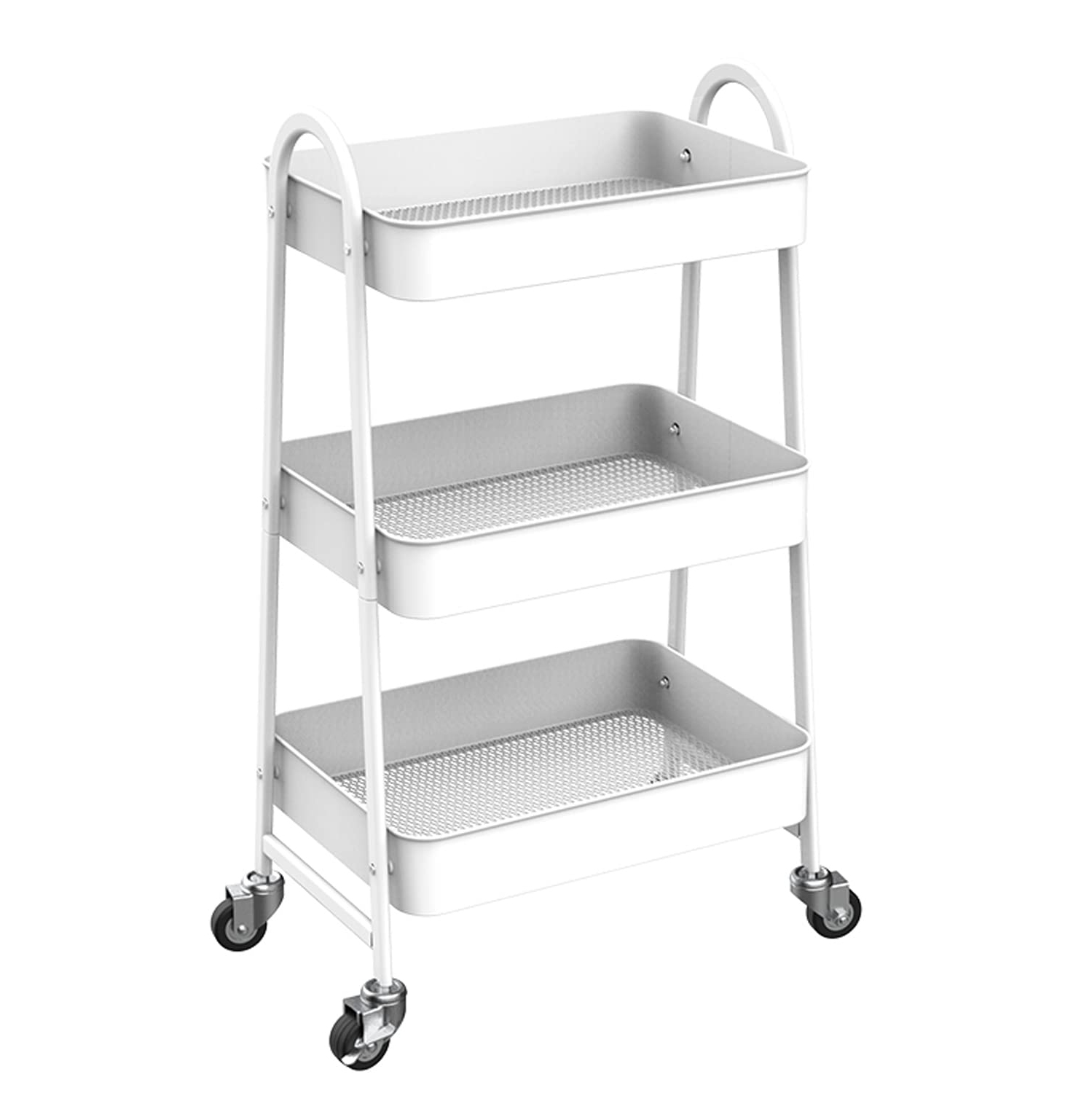 White Color Storage cart,3 Tier Metal Rolling Cart, Utility Cart, Lockable Four Wheels, Multi-Functional Storage Cart for Kitchen, Bathroom, Workshop, Laundry