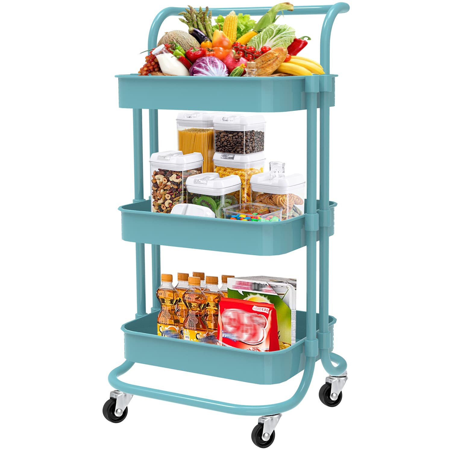 Utility Cart, 3-Tier Rolling Cart, Super Mute Utility Cart with Wheels Lockable, 360-degree Rotation Rolling Cart with Handle ABS Basket, Sturdy