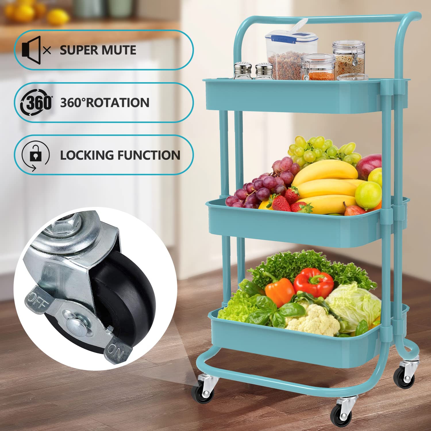 Utility Cart, 3-Tier Rolling Cart, Super Mute Utility Cart with Wheels Lockable, 360-degree Rotation Rolling Cart with Handle ABS Basket, Sturdy
