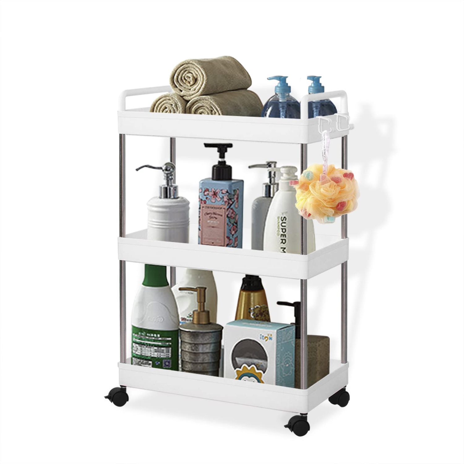 3-Tier Utility Cart Slim Storage Shelf Cart Rolling Cart Storage Rack with Wheels Suitable for Kitchen / Bedroom / Living Room / Bathroom, PP and