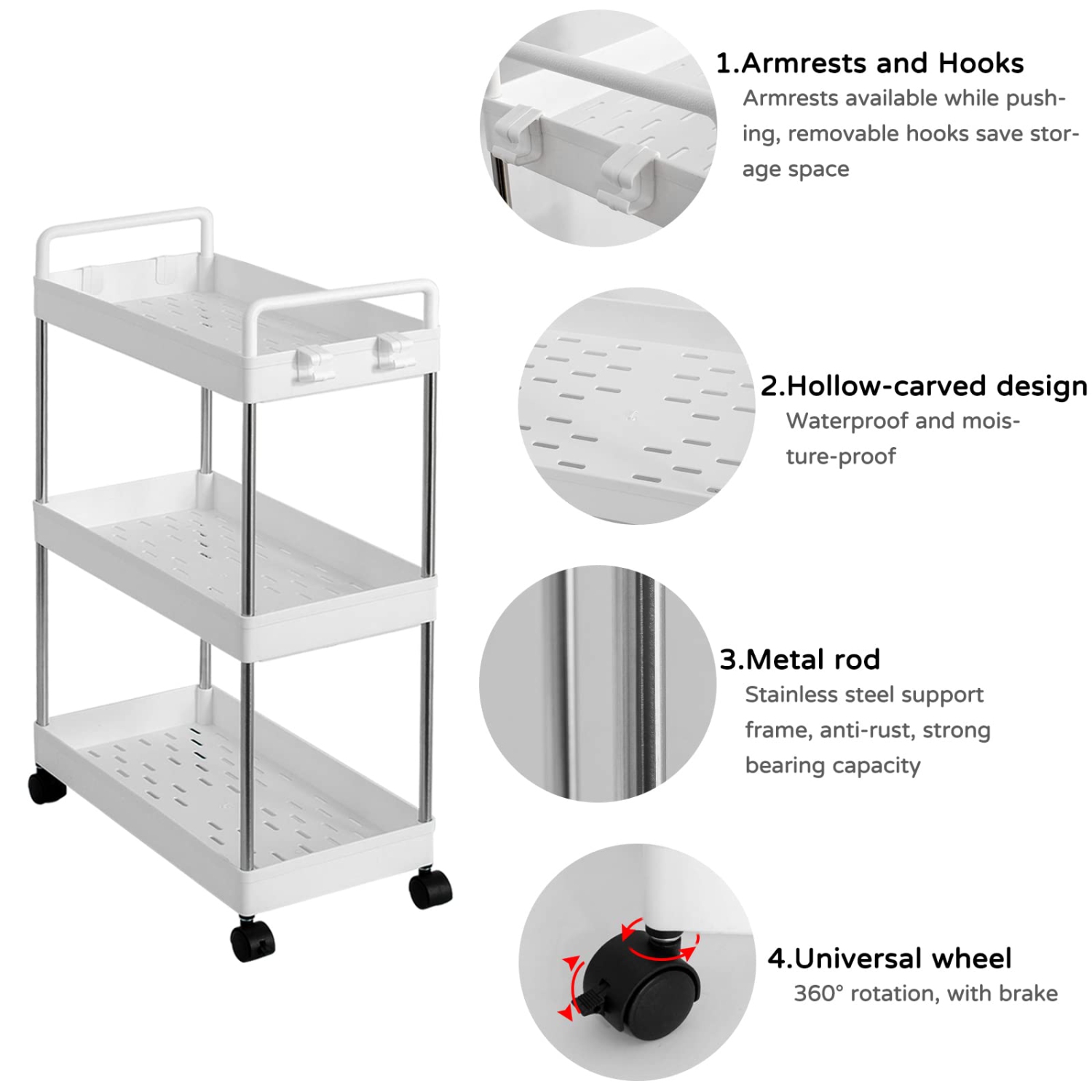 3-Tier Utility Cart Slim Storage Shelf Cart Rolling Cart Storage Rack with Wheels Suitable for Kitchen / Bedroom / Living Room / Bathroom, PP and