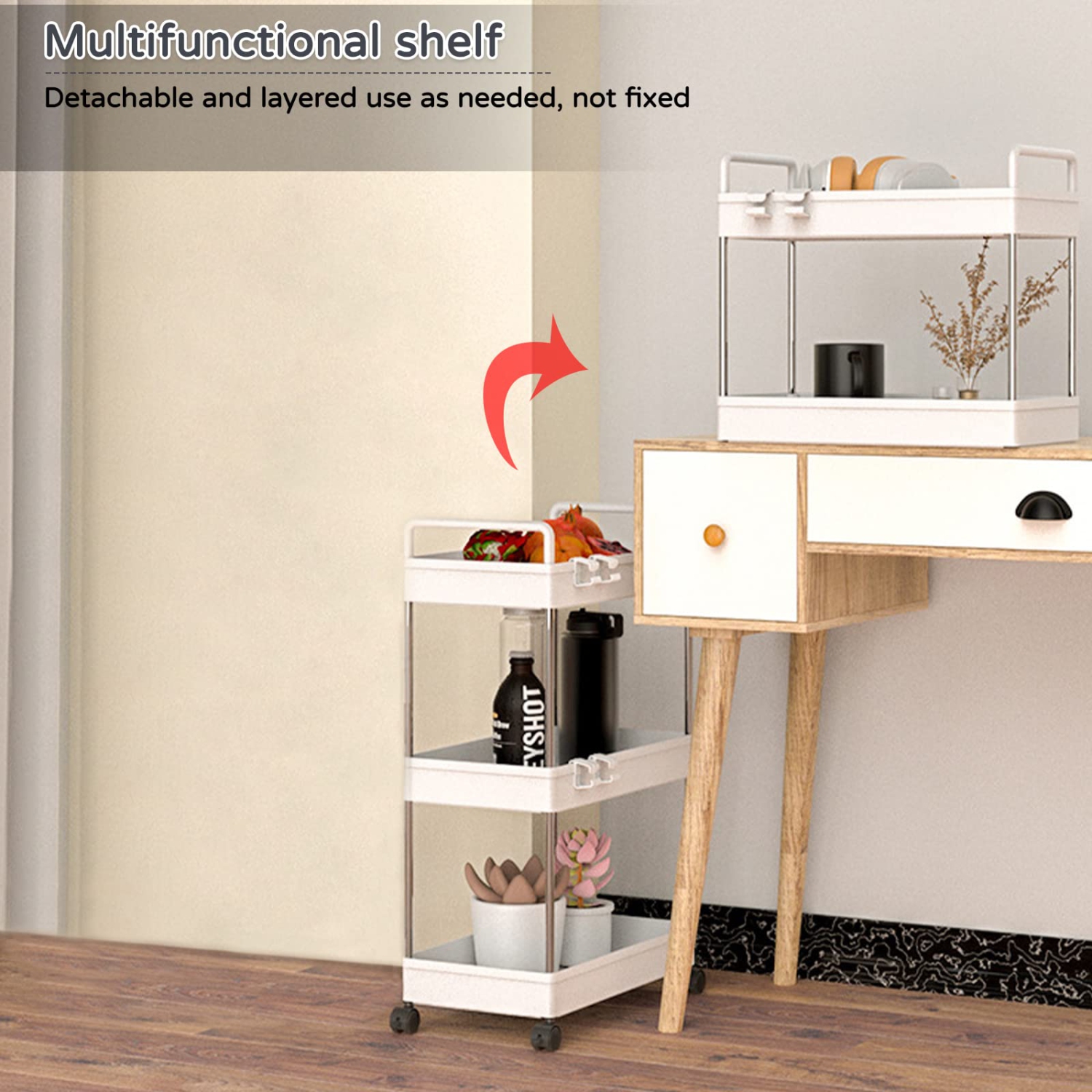 3-Tier Utility Cart Slim Storage Shelf Cart Rolling Cart Storage Rack with Wheels Suitable for Kitchen / Bedroom / Living Room / Bathroom, PP and