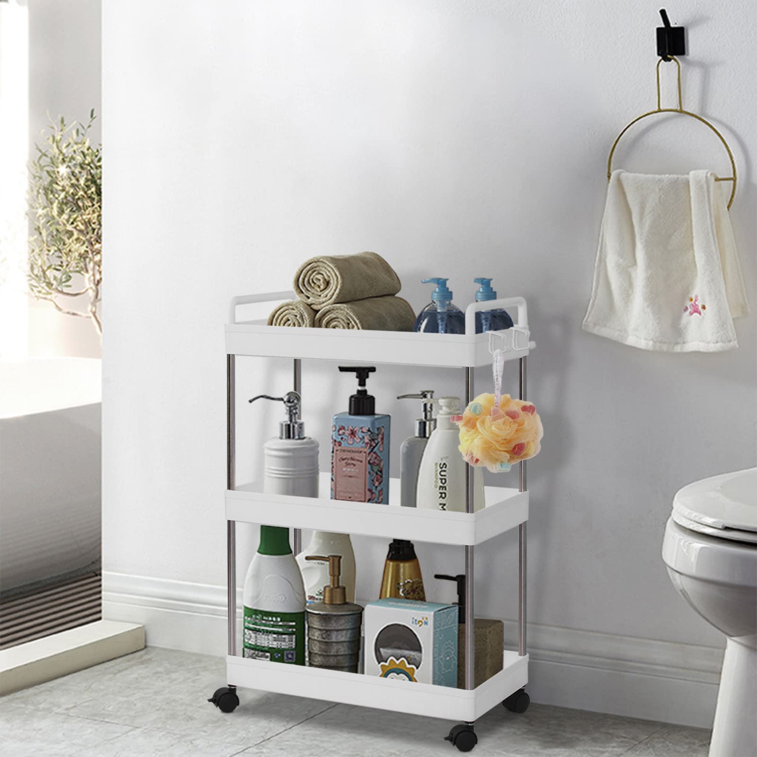 3-Tier Utility Cart Slim Storage Shelf Cart Rolling Cart Storage Rack with Wheels Suitable for Kitchen / Bedroom / Living Room / Bathroom, PP and