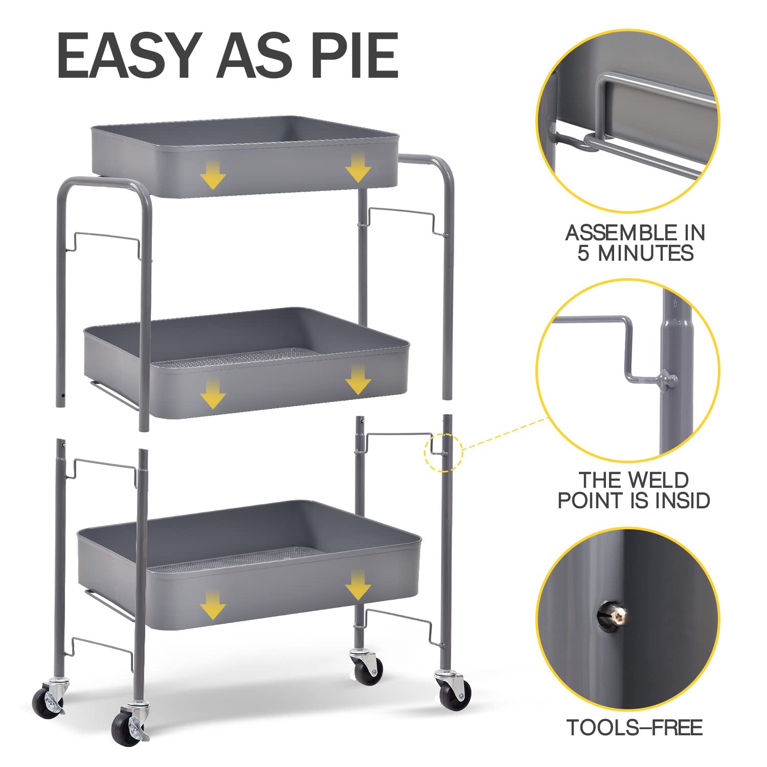 3-Tier Rolling Cart, Metal Utility Cart with Lockable Wheels, Storage Craft Art Cart Trolley Organizer Serving Cart Easy Assembly for Office,