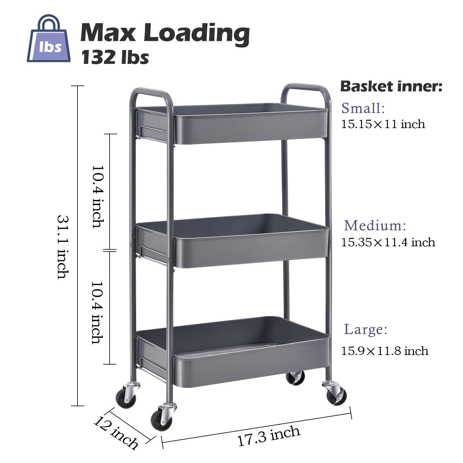 3-Tier Rolling Cart, Metal Utility Cart with Lockable Wheels, Storage Craft Art Cart Trolley Organizer Serving Cart Easy Assembly for Office,