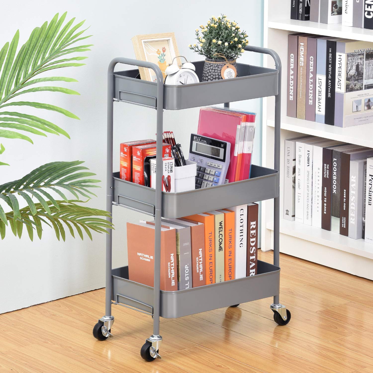 3-Tier Rolling Cart, Metal Utility Cart with Lockable Wheels, Storage Craft Art Cart Trolley Organizer Serving Cart Easy Assembly for Office,