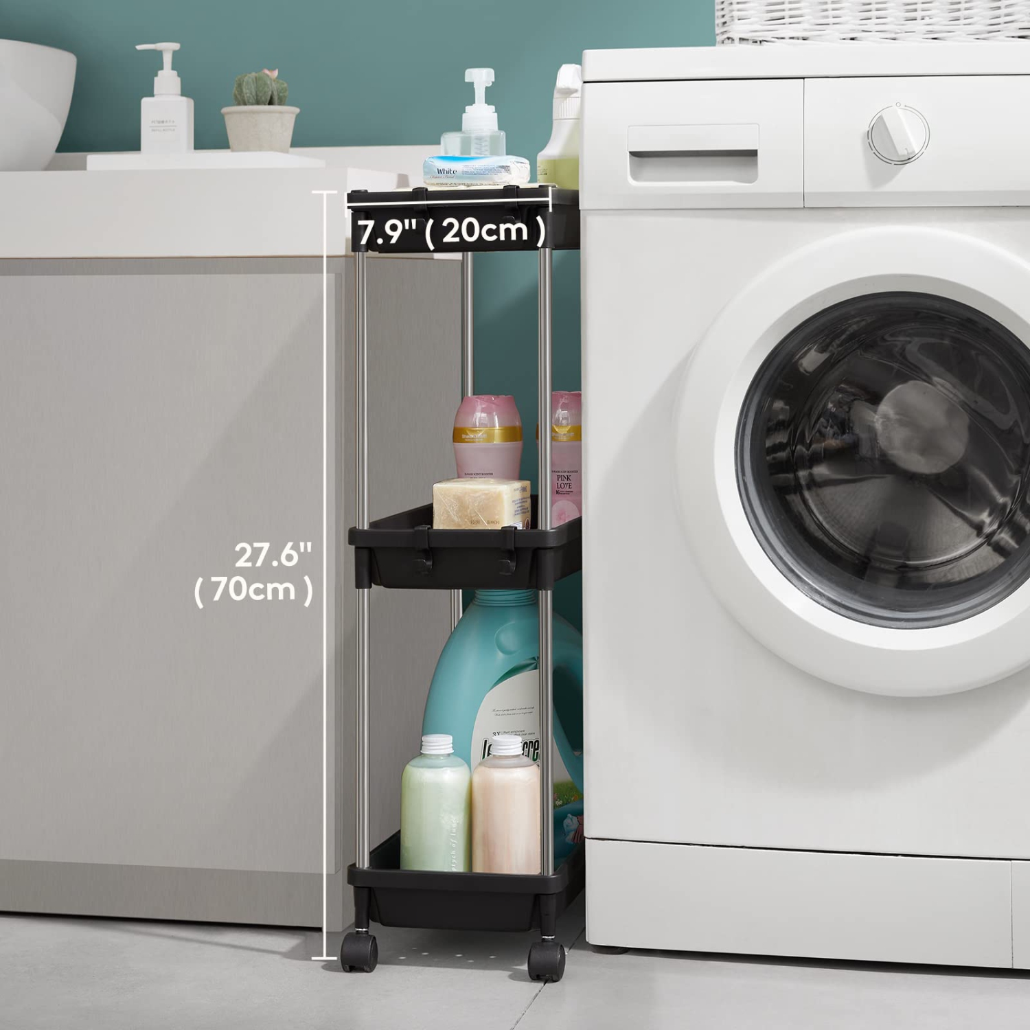 Rolling Utility Cart 7.9" Width for Bathroom LaundryRoom Kitchen Narrow Space, 3 Tier Slide-Out Storage Cart Organizer Rack Shelf with Wheels for