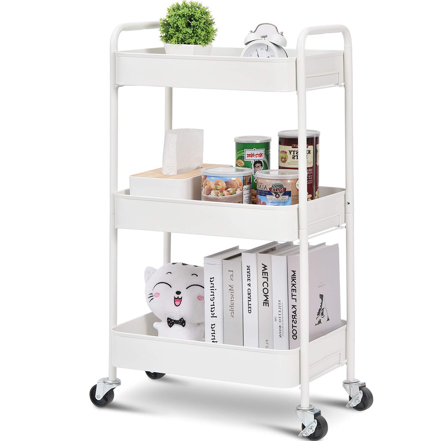 3-Tier Rolling Cart, Metal Utility Cart with Lockable Wheels, Storage Craft Art Cart Trolley Organizer Serving Cart Easy Assembly for Office, Bathroom, Kitchen, Kids' Room, Classro