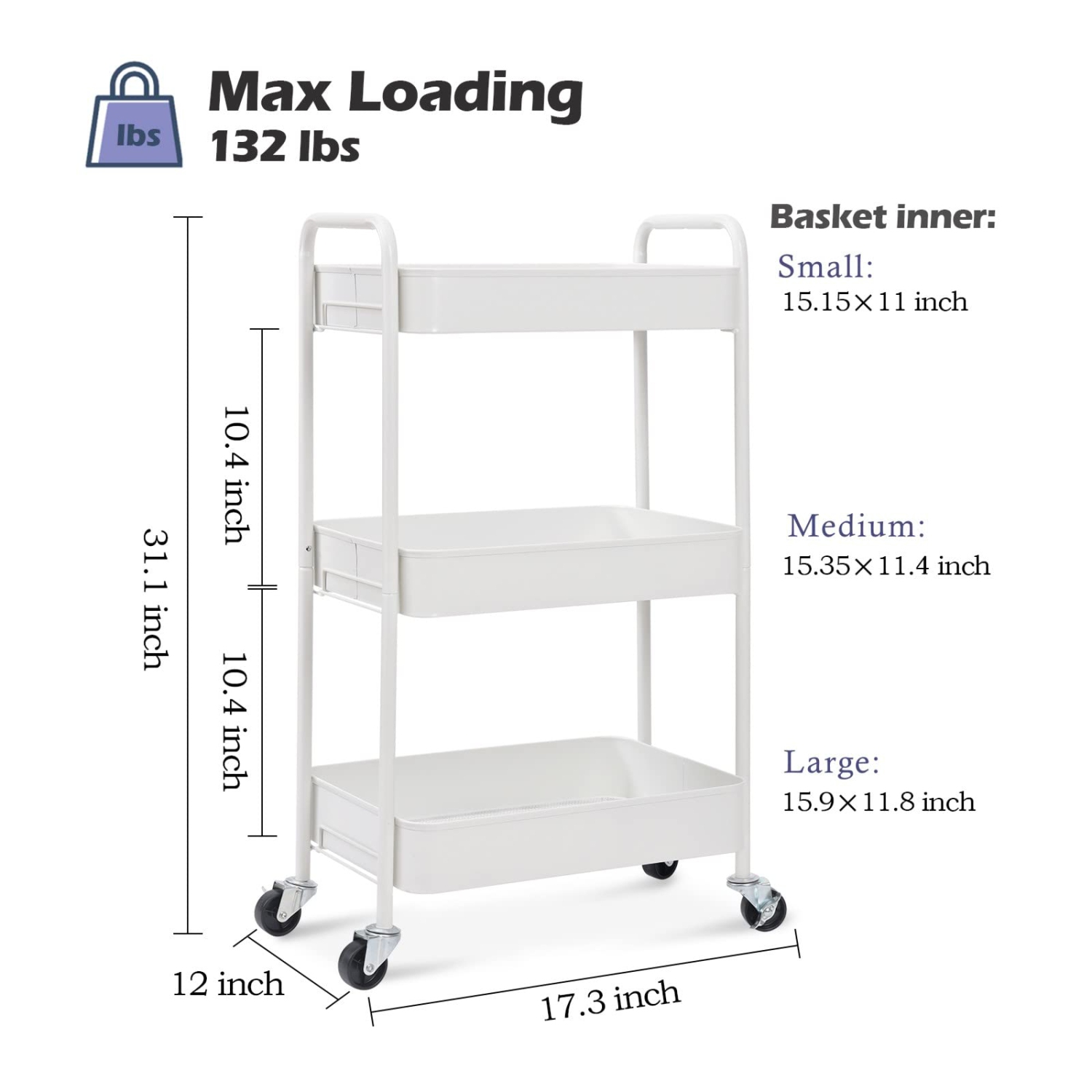 3-Tier Rolling Cart, Metal Utility Cart with Lockable Wheels, Storage Craft Art Cart Trolley Organizer Serving Cart Easy Assembly for Office,