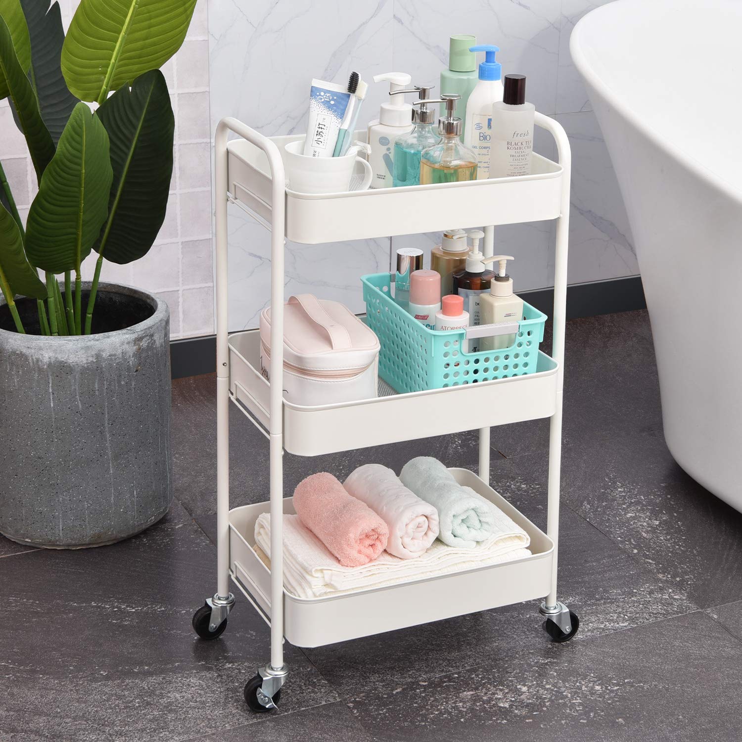 3-Tier Rolling Cart, Metal Utility Cart with Lockable Wheels, Storage Craft Art Cart Trolley Organizer Serving Cart Easy Assembly for Office,