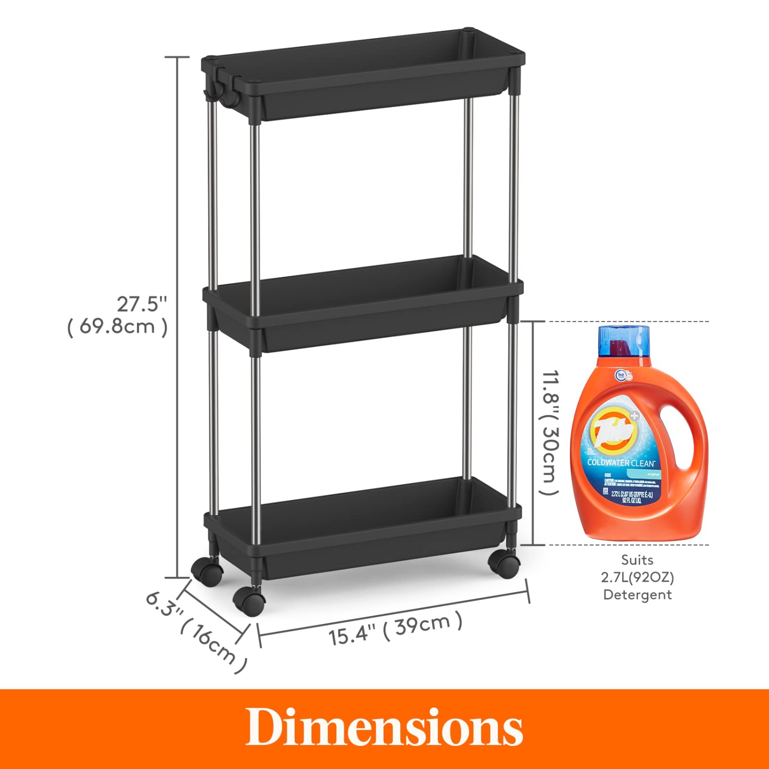 Slim Storage Rolling Cart, 3Tier Slide-Out Trolley Utility Rack Shelf Organizer with Wheels for Bathroom Kitchen Laundryroom Bedroom Narrow Space