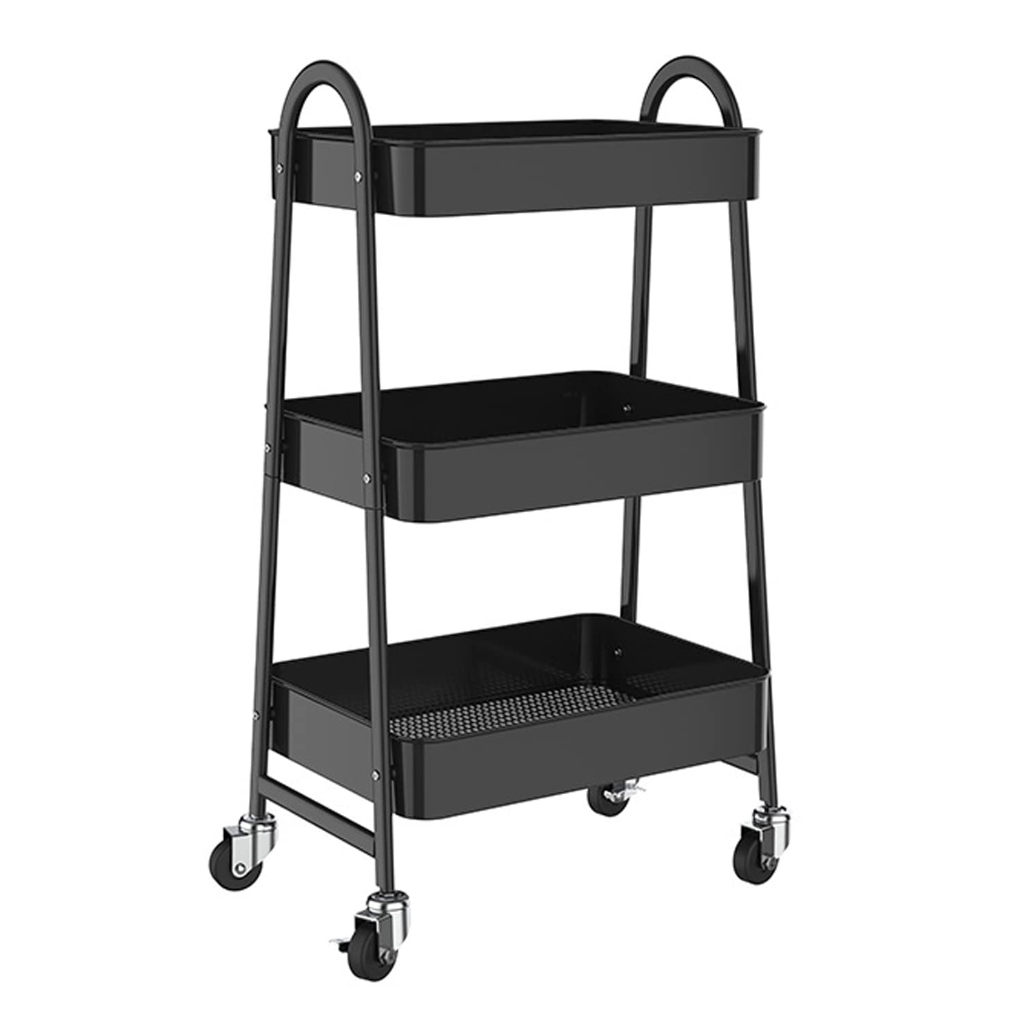 Black Color Storage cart,3 Tier Metal Rolling Cart, Utility Cart, Lockable Four Wheels, Multi-Functional Storage Cart for Kitchen, Bathroom, Workshop, Laundry