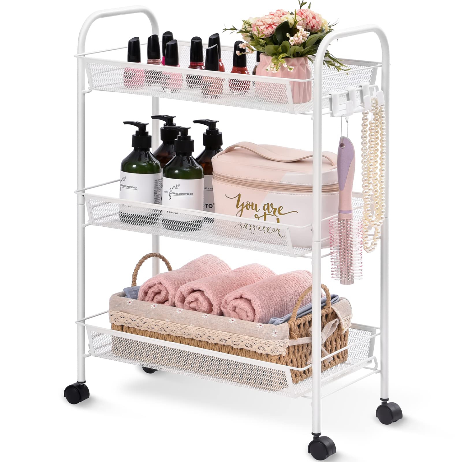 3-Tier Rolling Cart, Easy Assemble Mobile Storage Trolley On Wheels, Slide Out Utility Cart Shelving Units Kitchen Bathroom Laundry Room