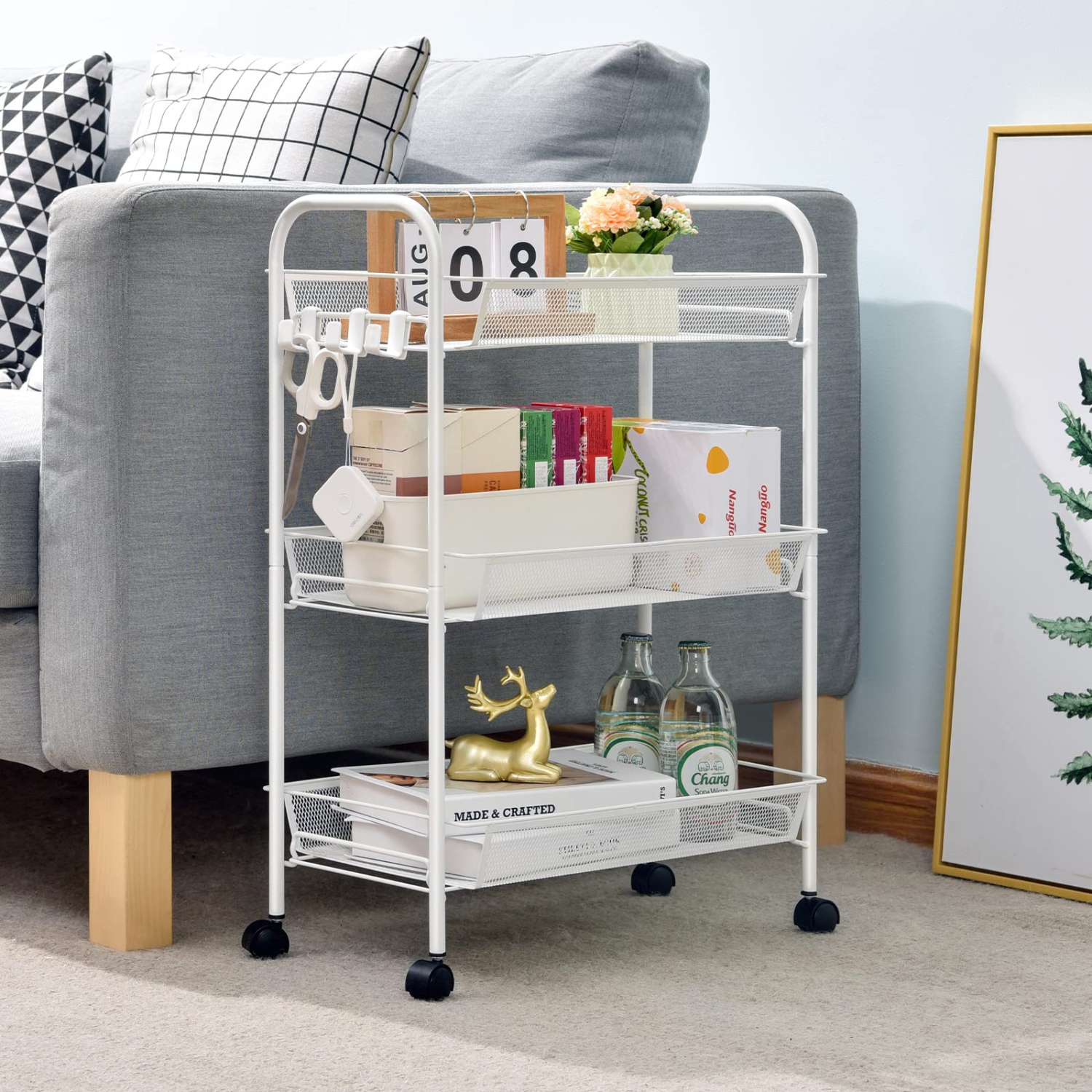 3-Tier Rolling Cart, Easy Assemble Mobile Storage Trolley On Wheels, Slide Out Utility Cart Shelving Units Kitchen Bathroom Laundry Room