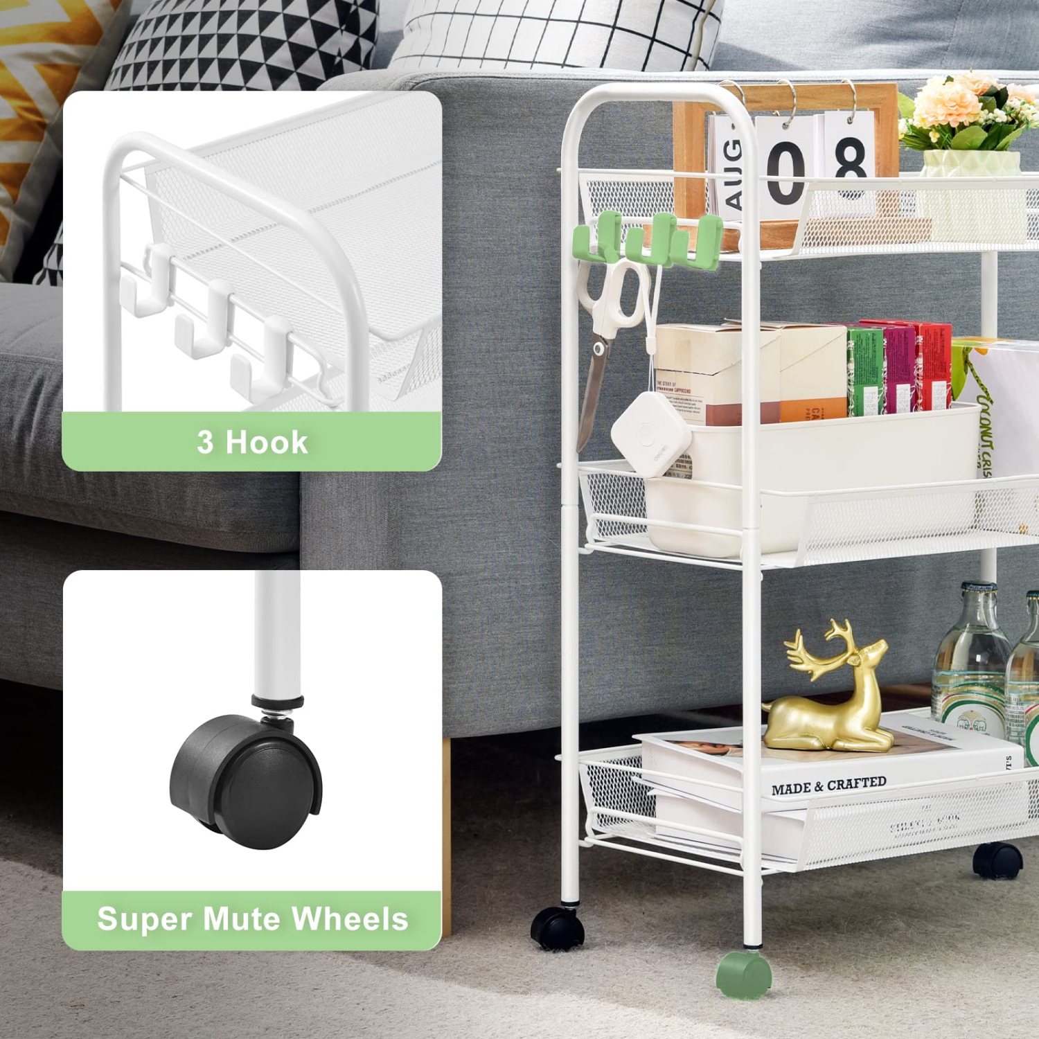 3-Tier Rolling Cart, Easy Assemble Mobile Storage Trolley On Wheels, Slide Out Utility Cart Shelving Units Kitchen Bathroom Laundry Room