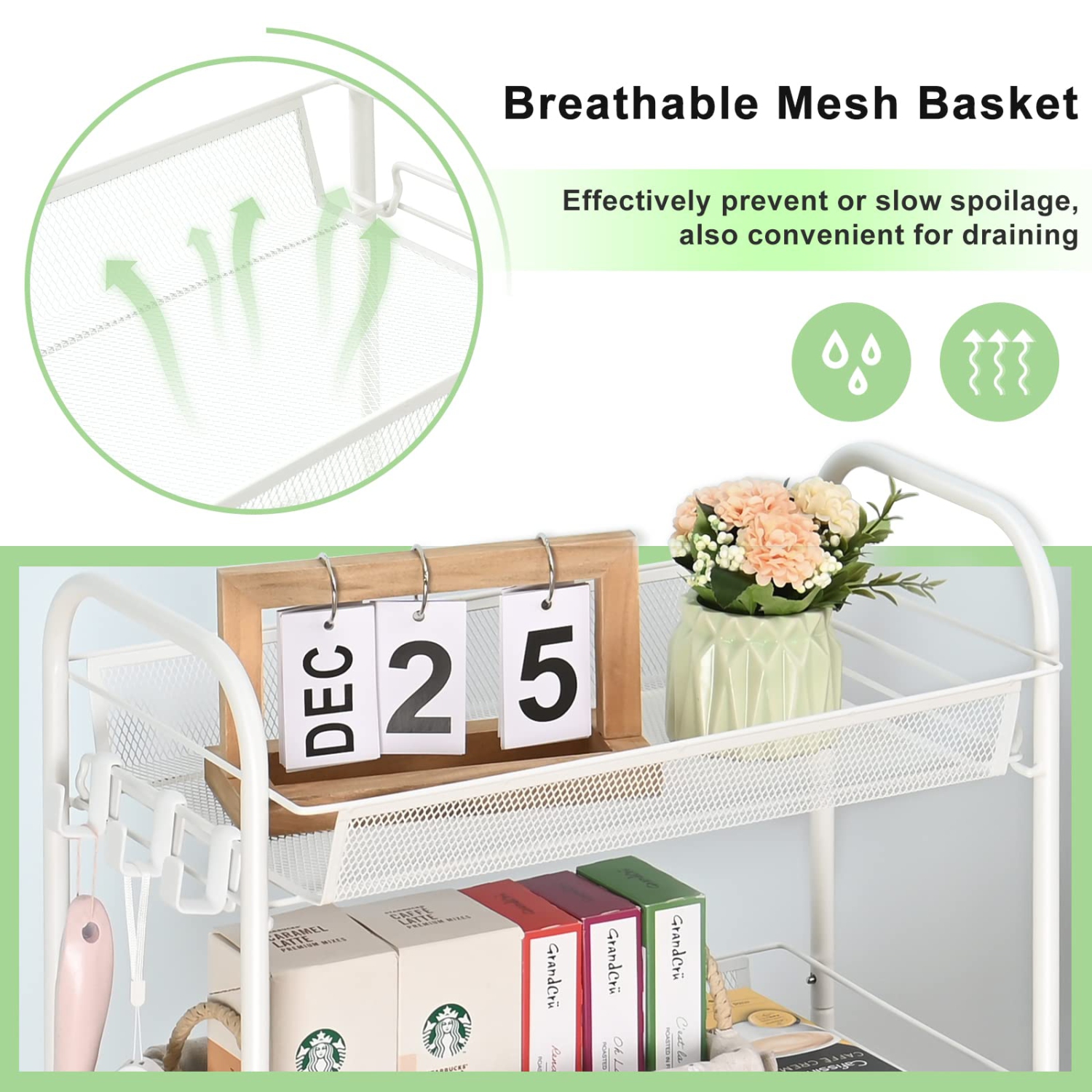 3-Tier Rolling Cart, Easy Assemble Mobile Storage Trolley On Wheels, Slide Out Utility Cart Shelving Units Kitchen Bathroom Laundry Room