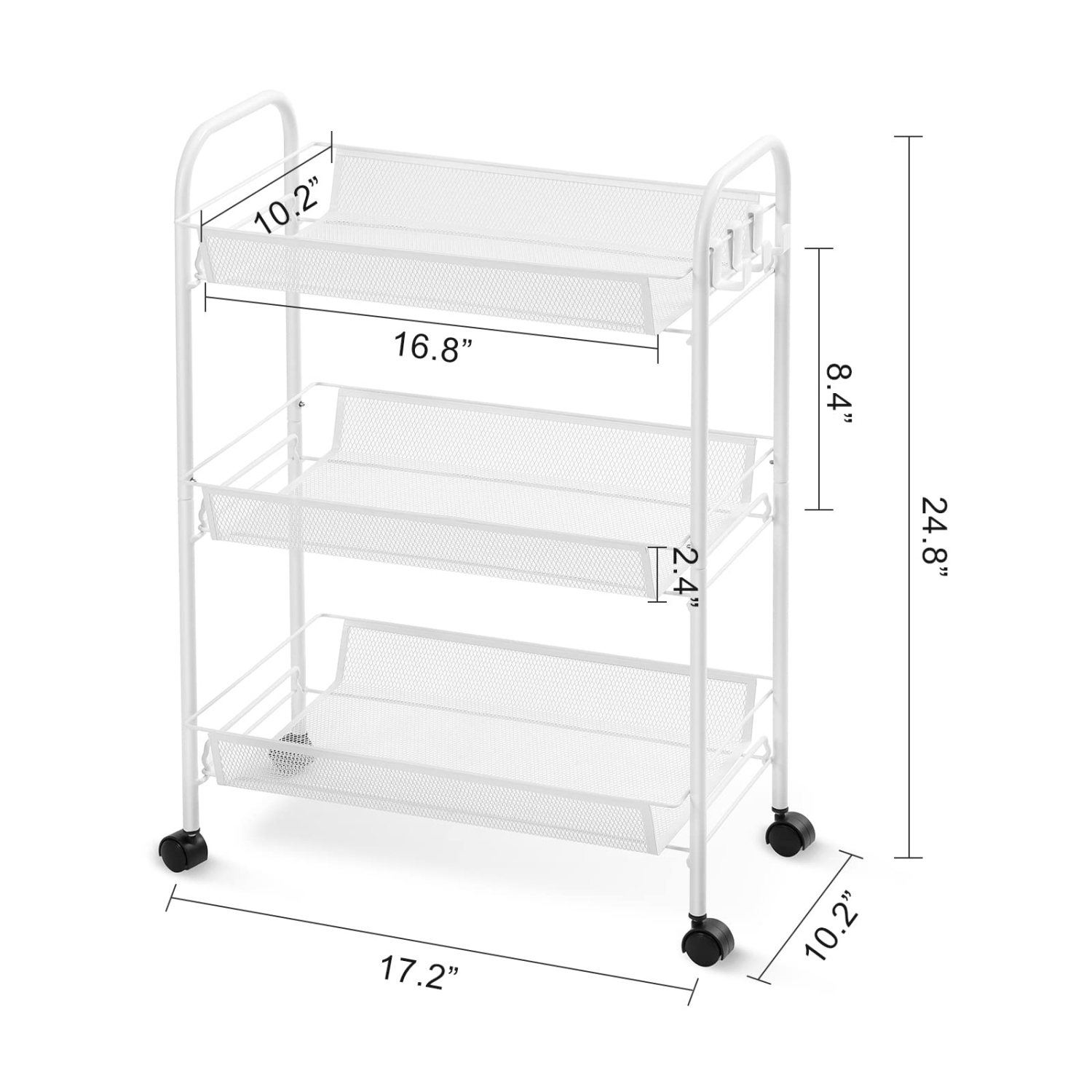 3-Tier Rolling Cart, Easy Assemble Mobile Storage Trolley On Wheels, Slide Out Utility Cart Shelving Units Kitchen Bathroom Laundry Room