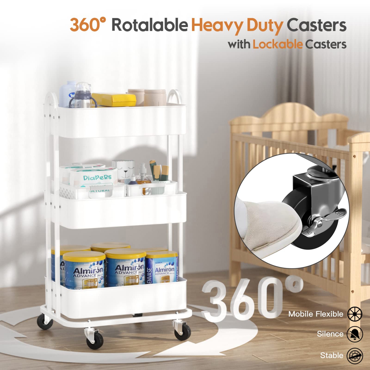 Chariot utilitaire à roulettes robuste en métal à 3 niveaux pour chariot de rangement pour bureau, salle de bains, cuisine