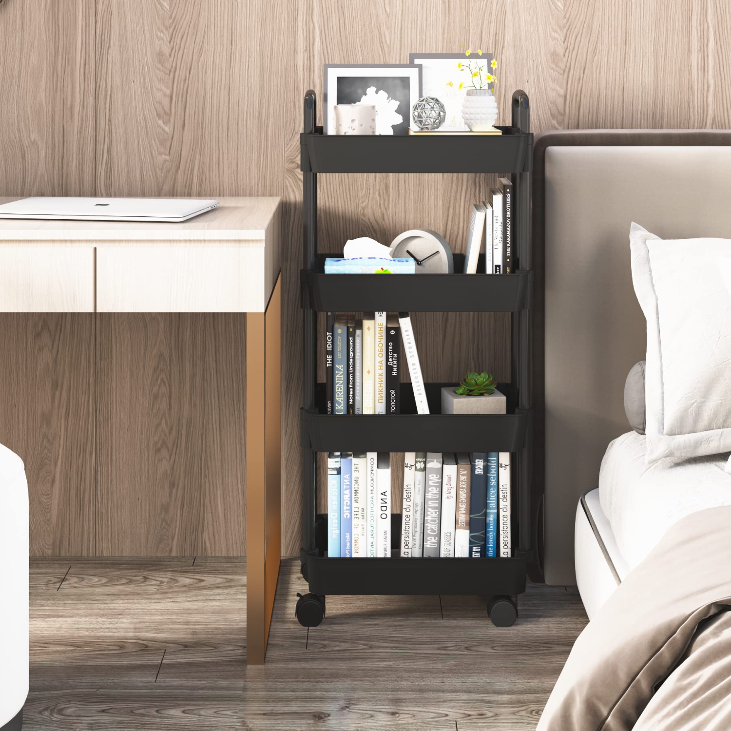 4-Tier Kitchen Rolling Utility Cart,Multifunction Storage Organizer with Handle and 2 Lockable Wheels for Kitchen,Bathroom,Living Room,Office,Black