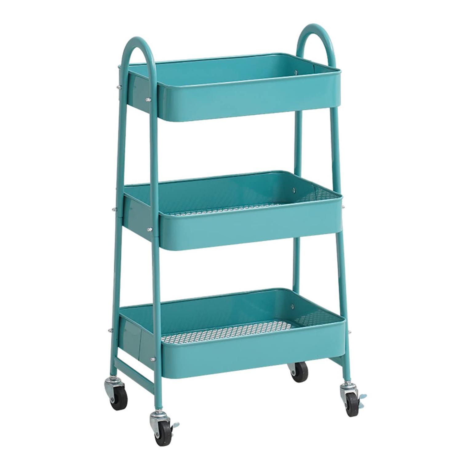 Green Color 3 Tier Metal Rolling Cart, Utility Cart, Lockable Four Wheels, Multi-Functional Storage Cart for Kitchen, Bathroom, Workshop, Laundry