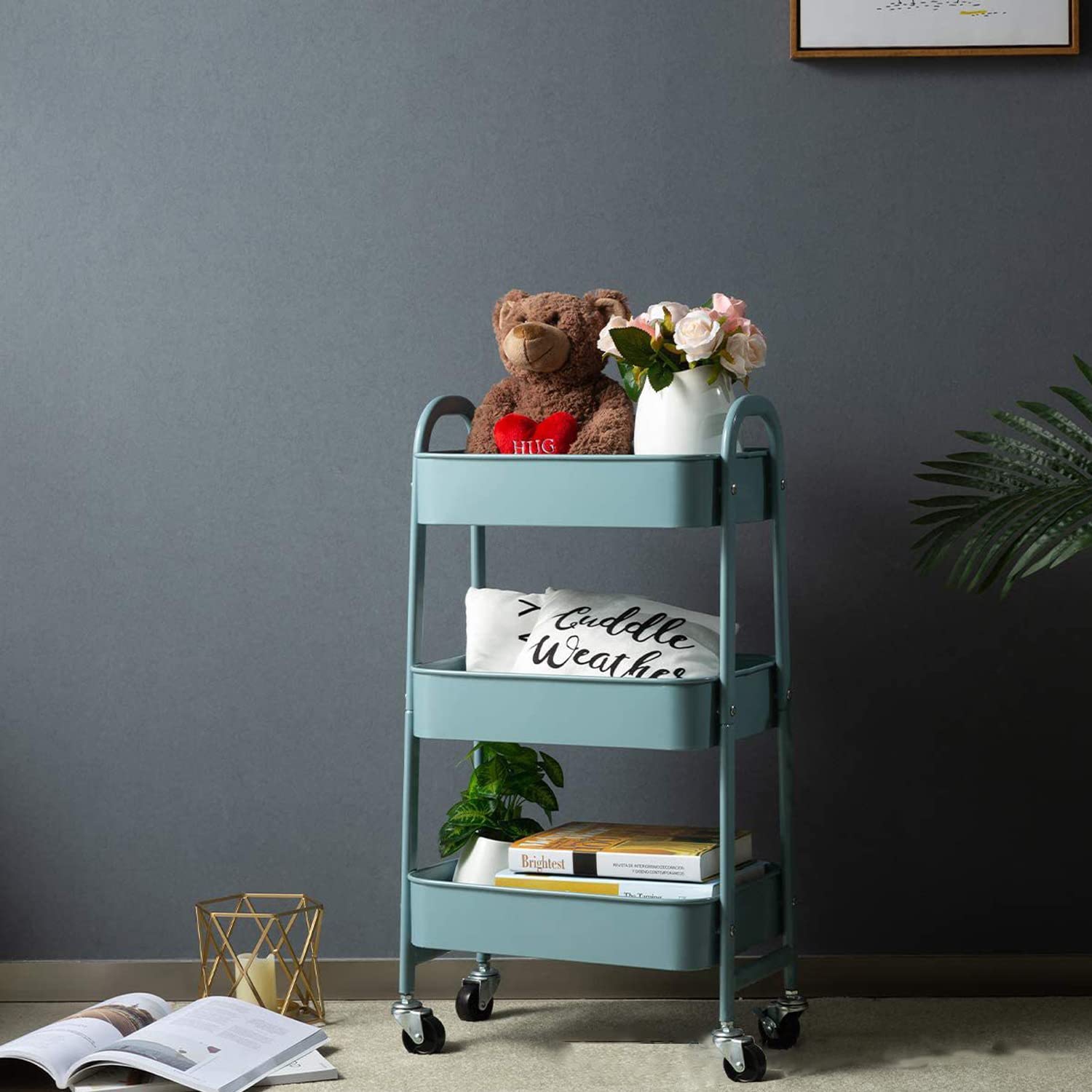 Chariot roulant à 3 niveaux en métal vert, chariot utilitaire, quatre roues verrouillables, chariot de rangement multifonction pour cuisine, salle de