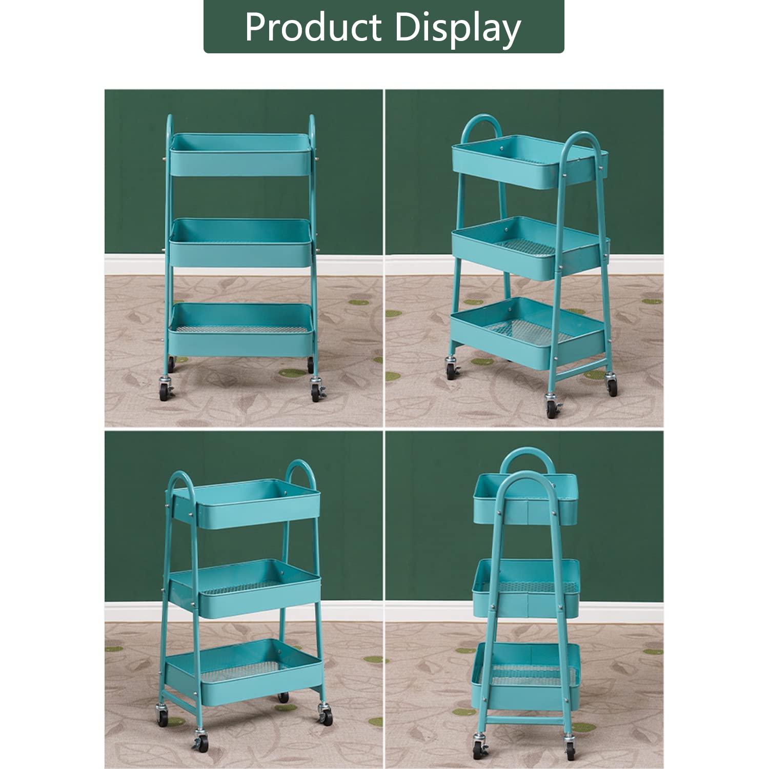 Chariot roulant à 3 niveaux en métal vert, chariot utilitaire, quatre roues verrouillables, chariot de rangement multifonction pour cuisine, salle de