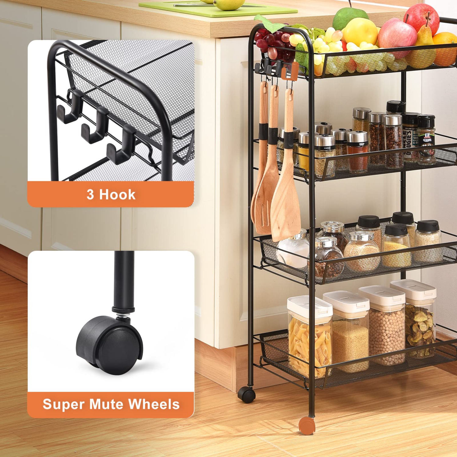 4-Tier Rolling Cart, Mobile Utility Cart with Mesh Baskets, Easy Assemble Multi-Purpose Storage Organizer, Serving Trolley for