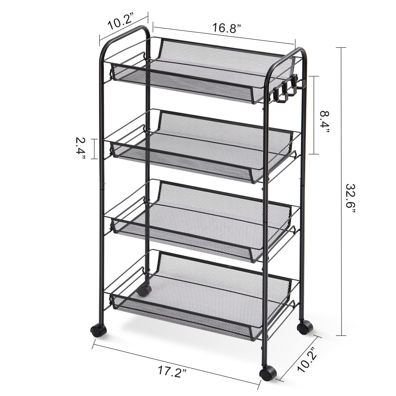 4-Tier Rolling Cart, Mobile Utility Cart with Mesh Baskets, Easy Assemble Multi-Purpose Storage Organizer, Serving Trolley for