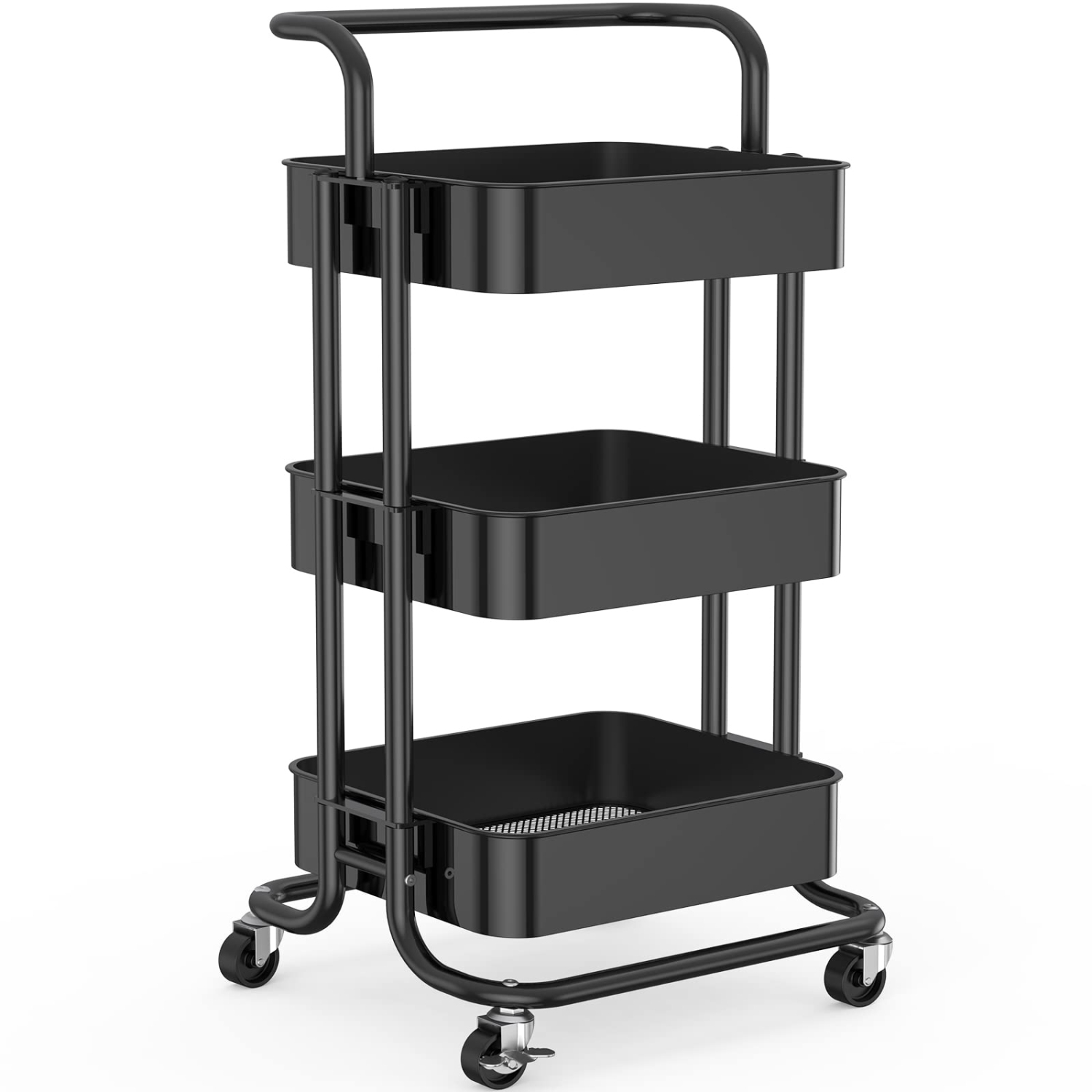 3 Tier Mesh Utility Cart, Rolling Metal Organization Cart with Handle and Lockable Wheels, Multifunctional Storage Shelves for Kitchen Living Room Office, Black