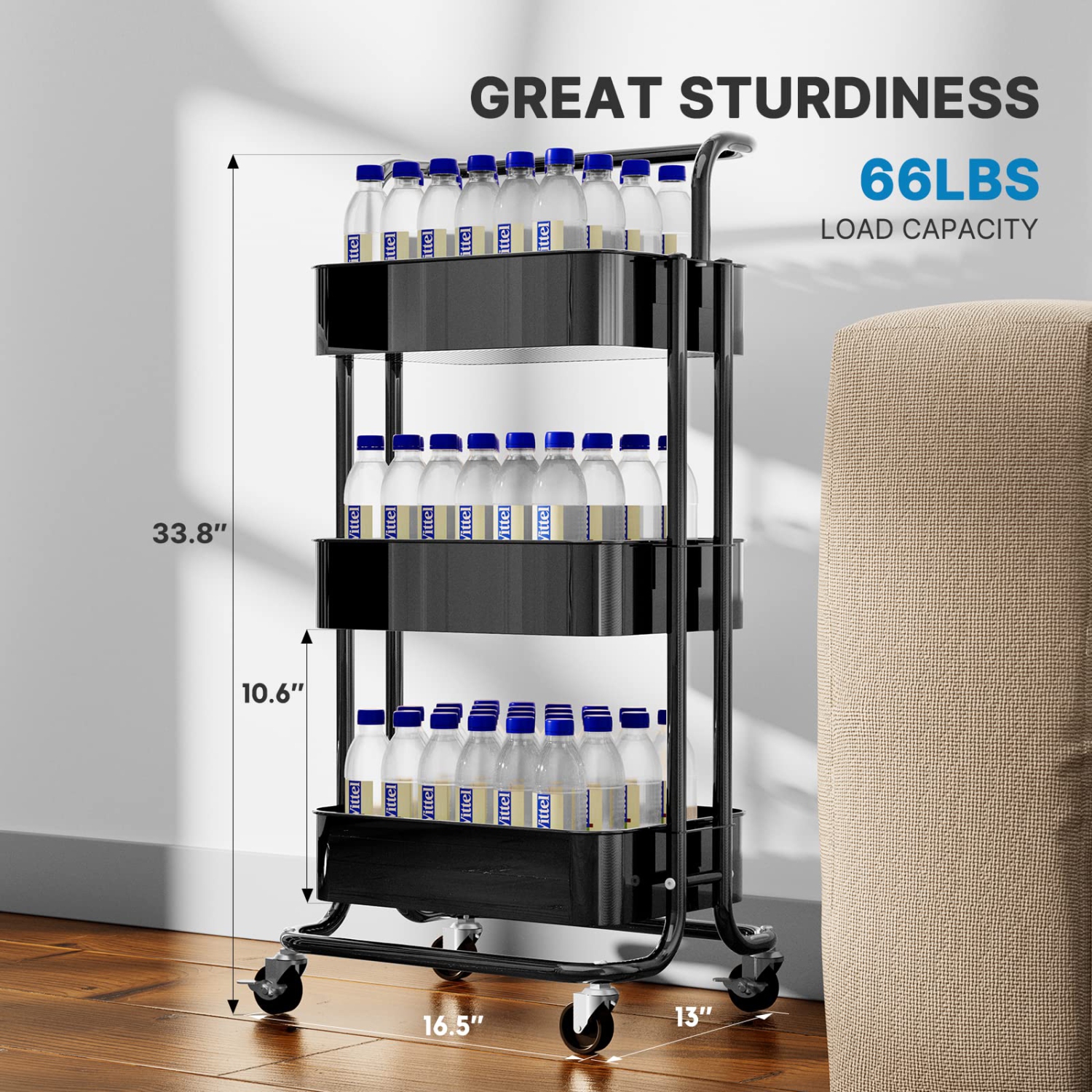 3 Tier Mesh Utility Cart, Rolling Metal Organization Cart with Handle and Lockable Wheels, Multifunctional Storage Shelves for Kitchen Living Room