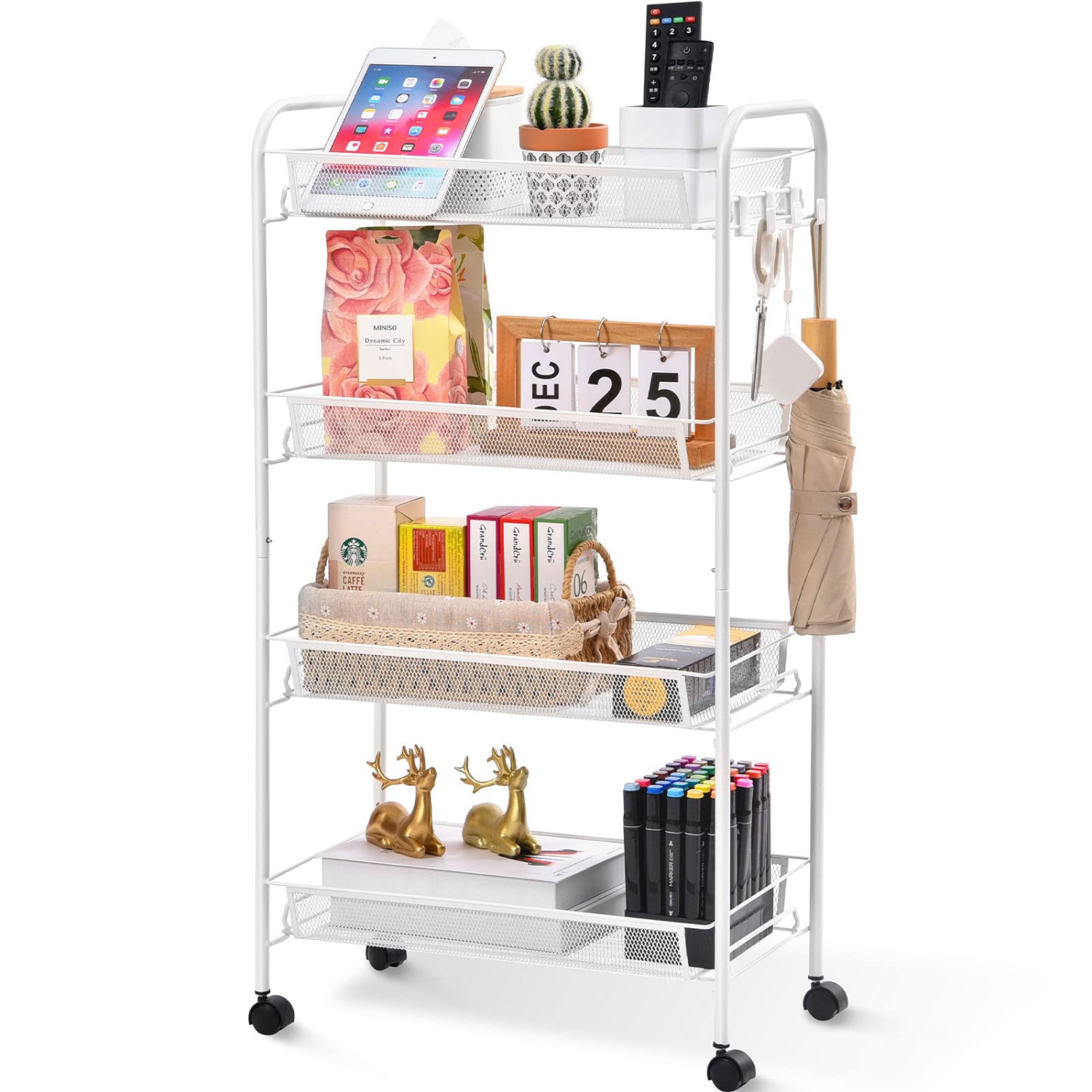 4-Tier Rolling Cart, Metal Utility Cart with 3 Hooks, Easy Assemble Mobile Storage Trolley On Wheels, Slide Out Shelving Units Kitchen Bathroom Laundry Room