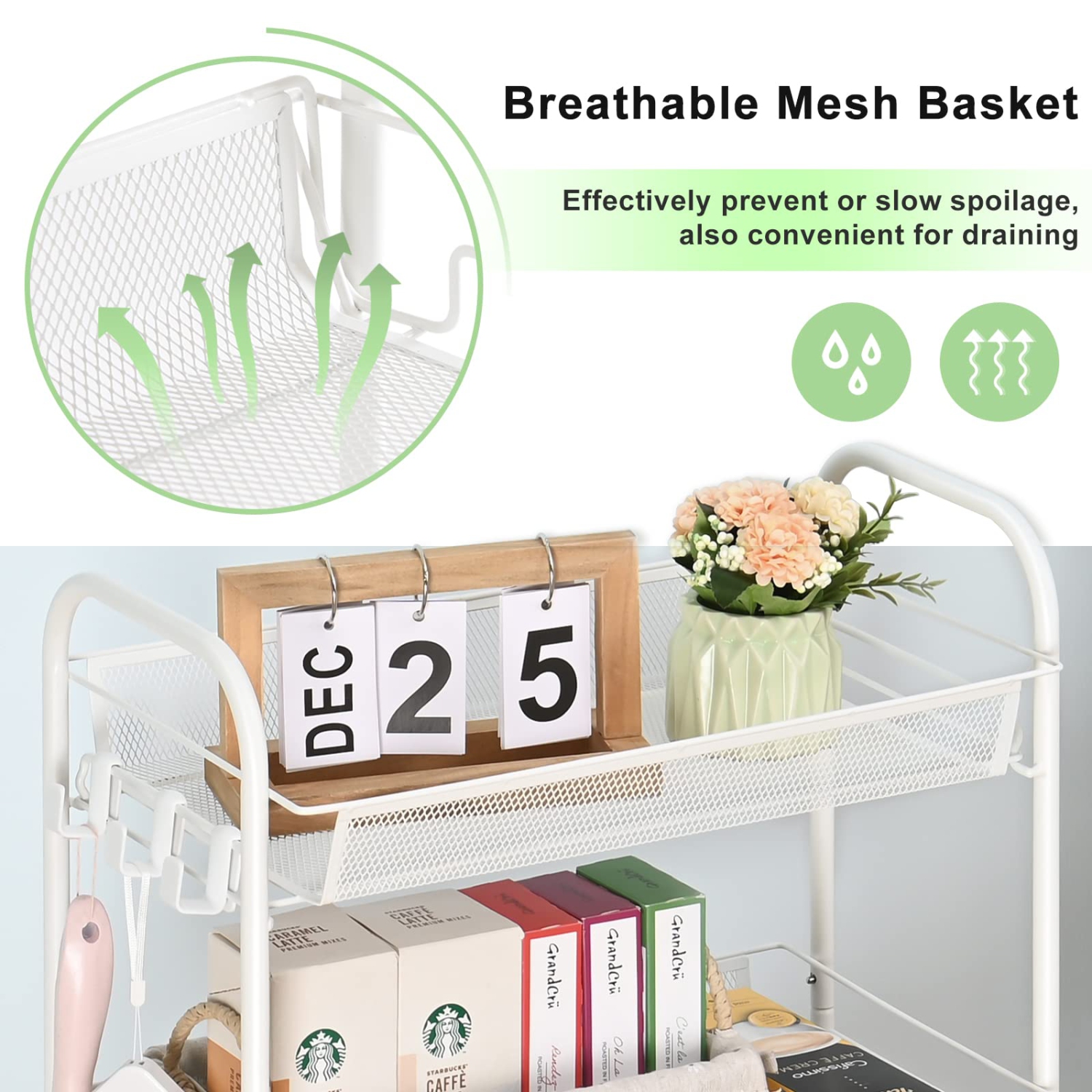 4-Tier Rolling Cart, Metal Utility Cart with 3 Hooks, Easy Assemble Mobile Storage Trolley On Wheels, Slide Out Shelving Units Kitchen Bathroom